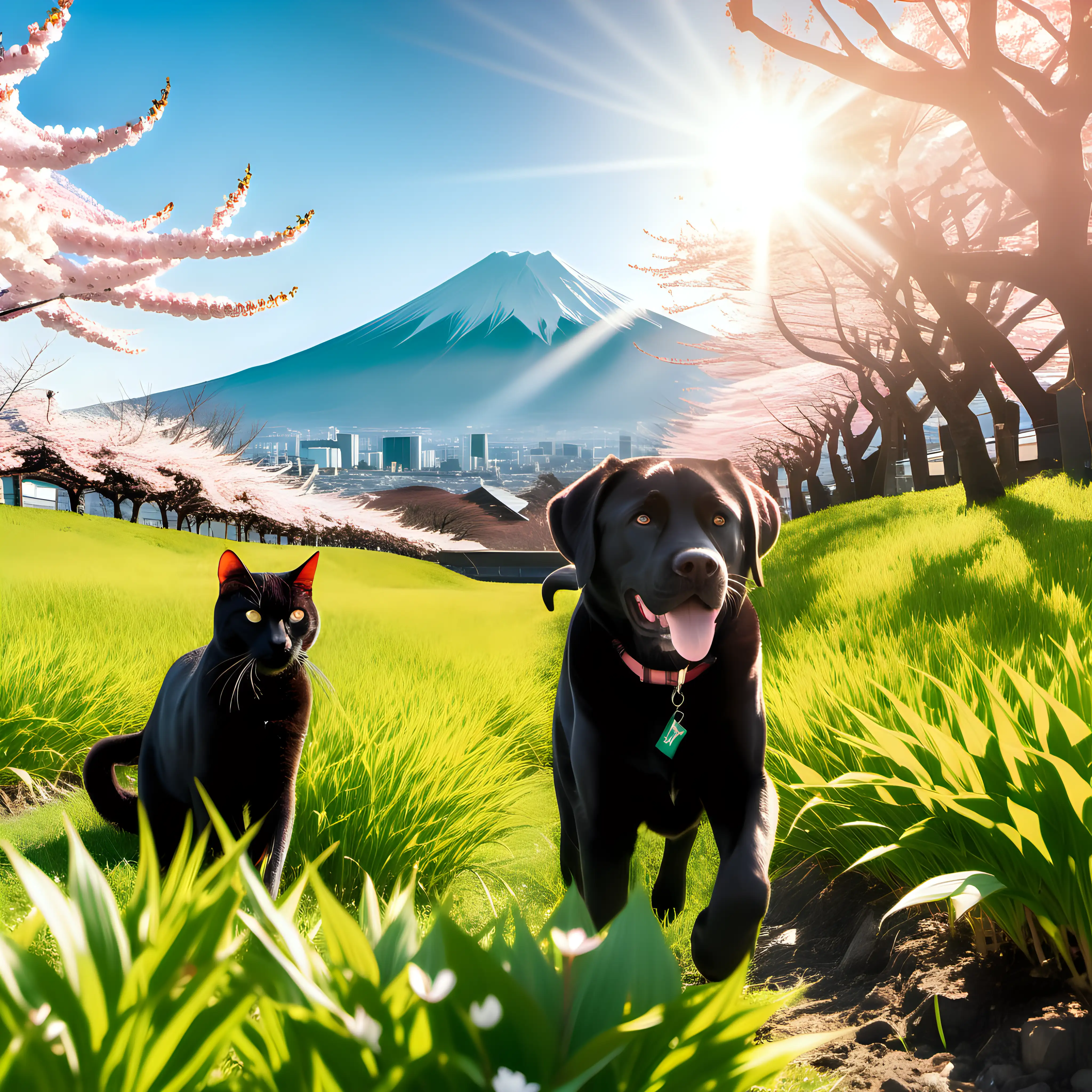 Scenic View Mount Fuji Cherry Blossoms and Playful Pets