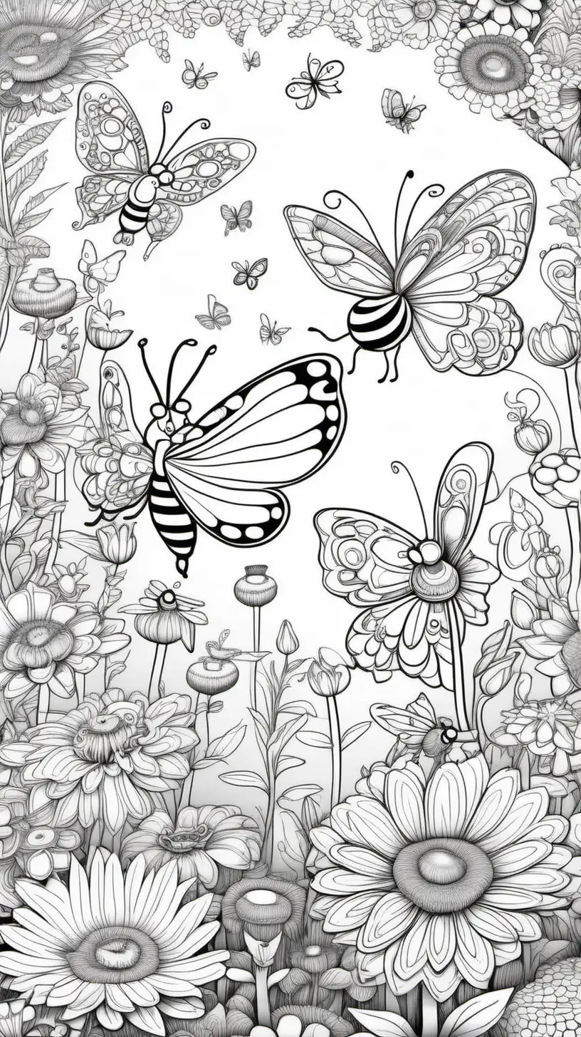whimsical Butterflies and bees having a friendly race around a magical flower garden colouring page with thin lines and no shading