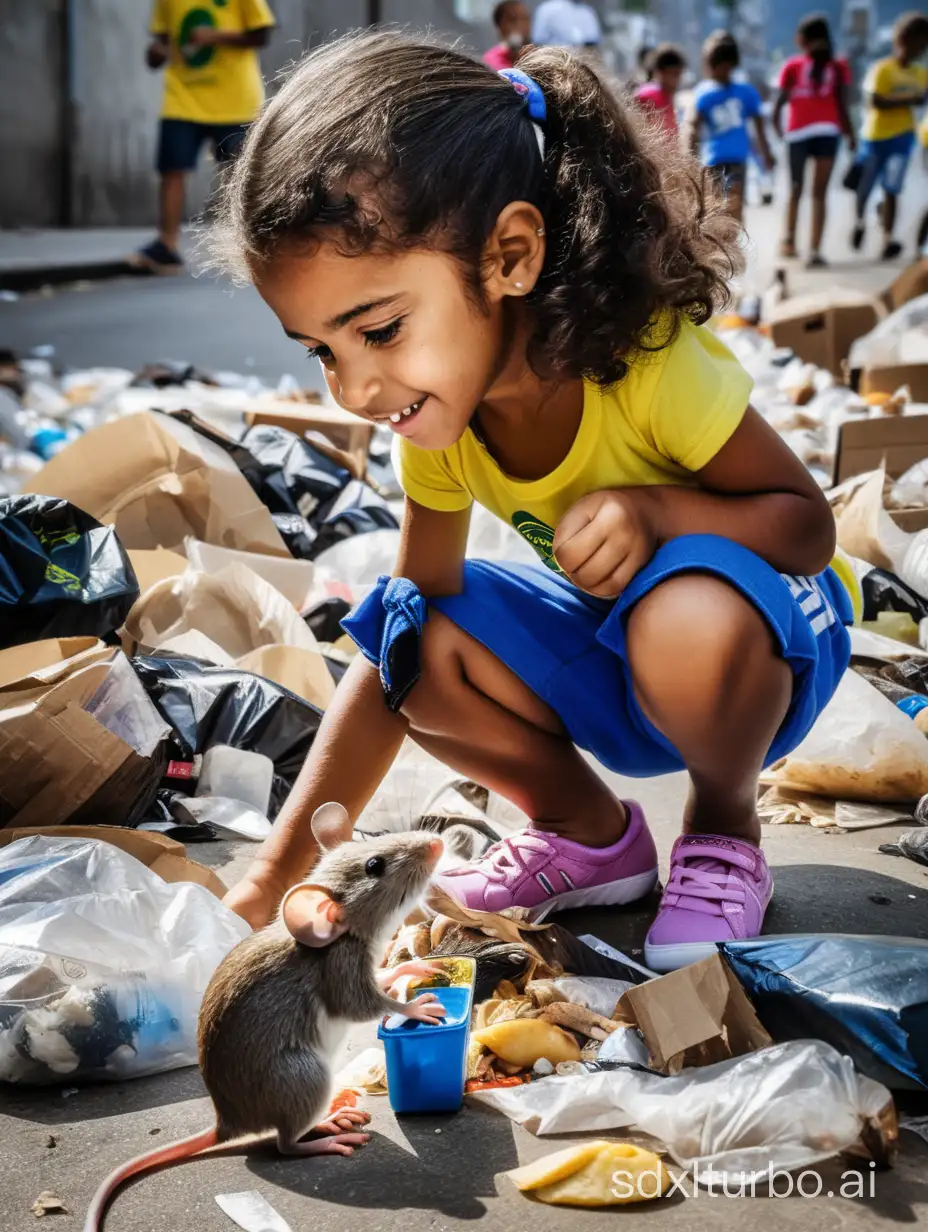 8 years old girl Brazil Rio de Janeiro search food in trash with a mouse friend