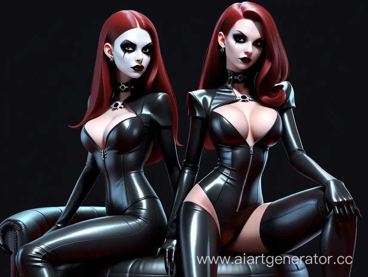 две вампирши AI с внешностью модели в черном латексном костюме на темном фоне во весь рост сидя