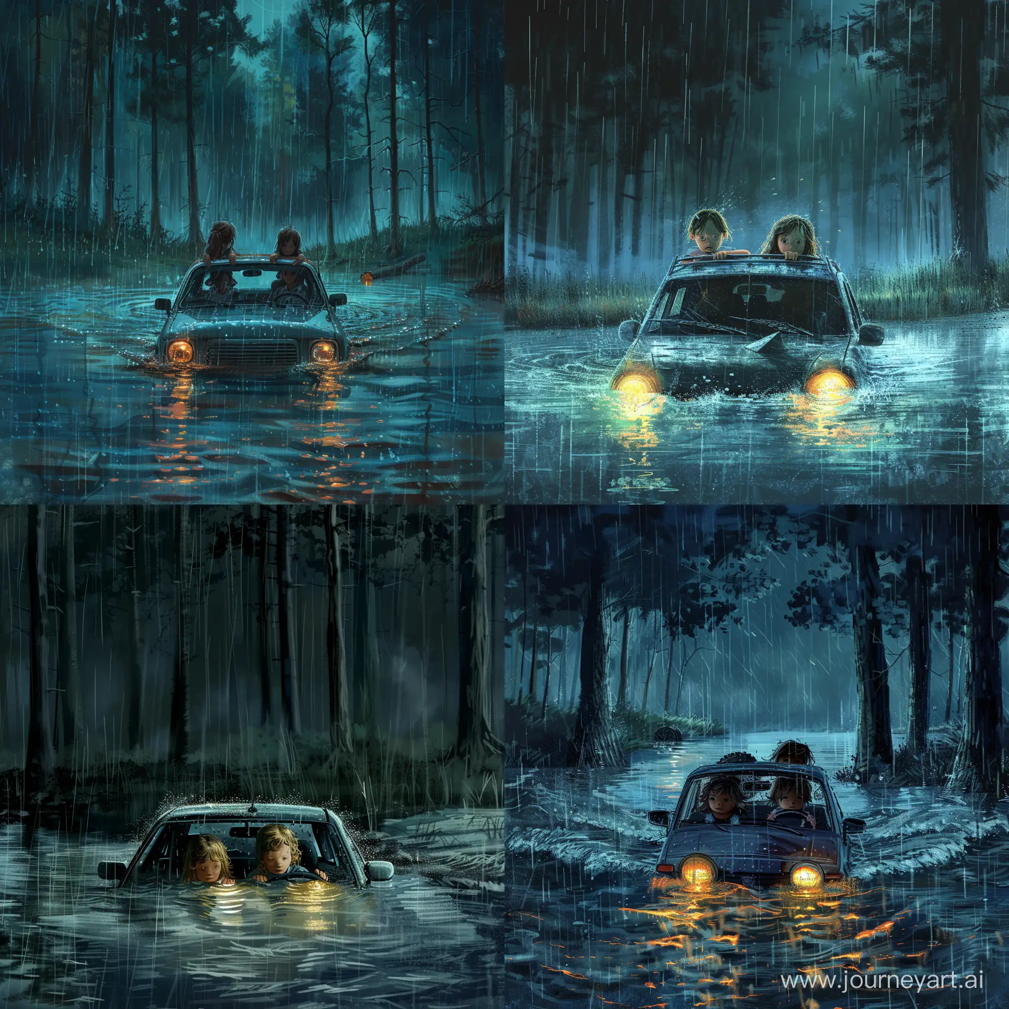 Ночь , сильный дождь . Озеро в лесу . Две маленькие девочки за рулем машины укатились с берега в озеро и машина почти затоплена . Видно крышу , фары не горят уже под водой