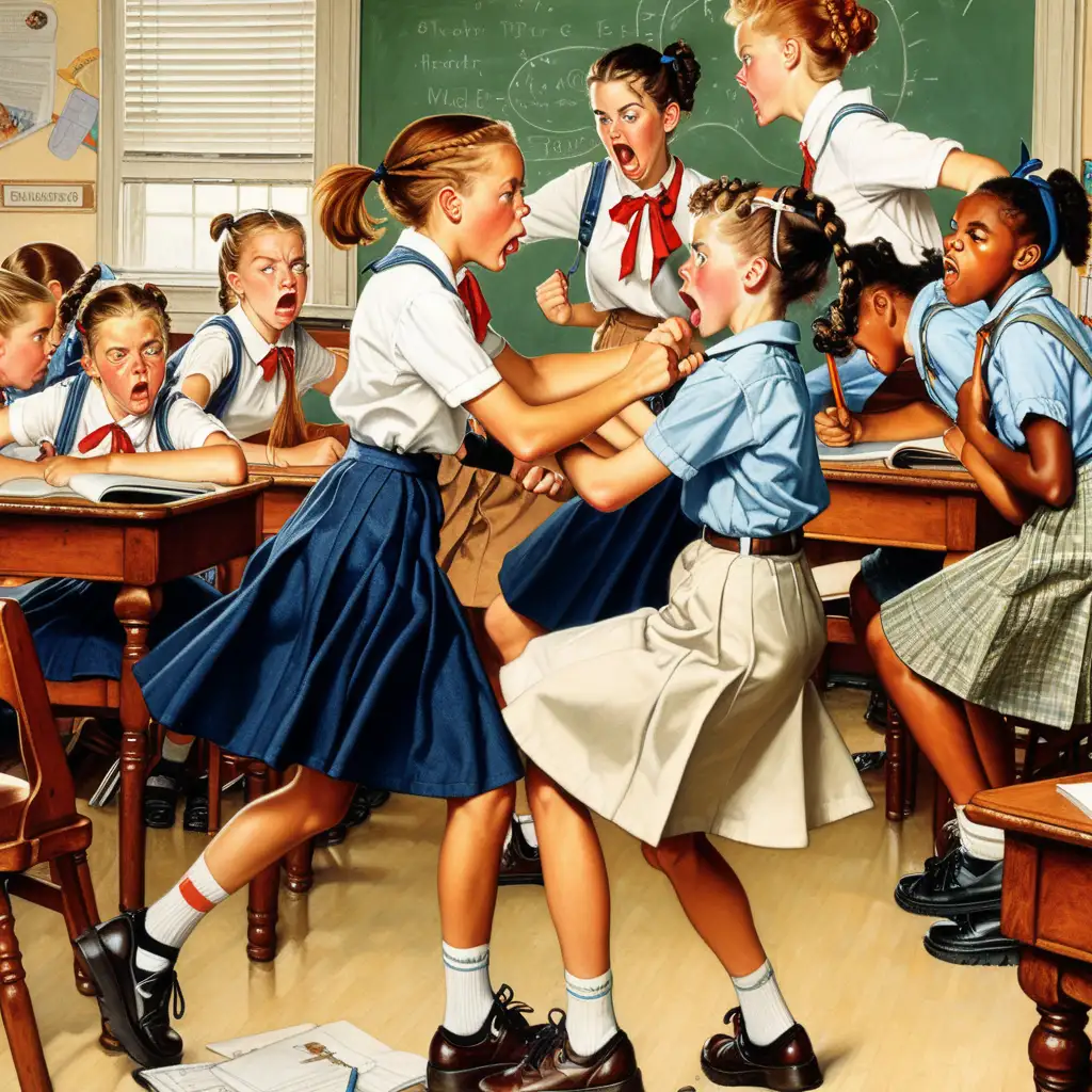Norman Rockwell Style Depiction of Schoolgirl Clash in Classroom