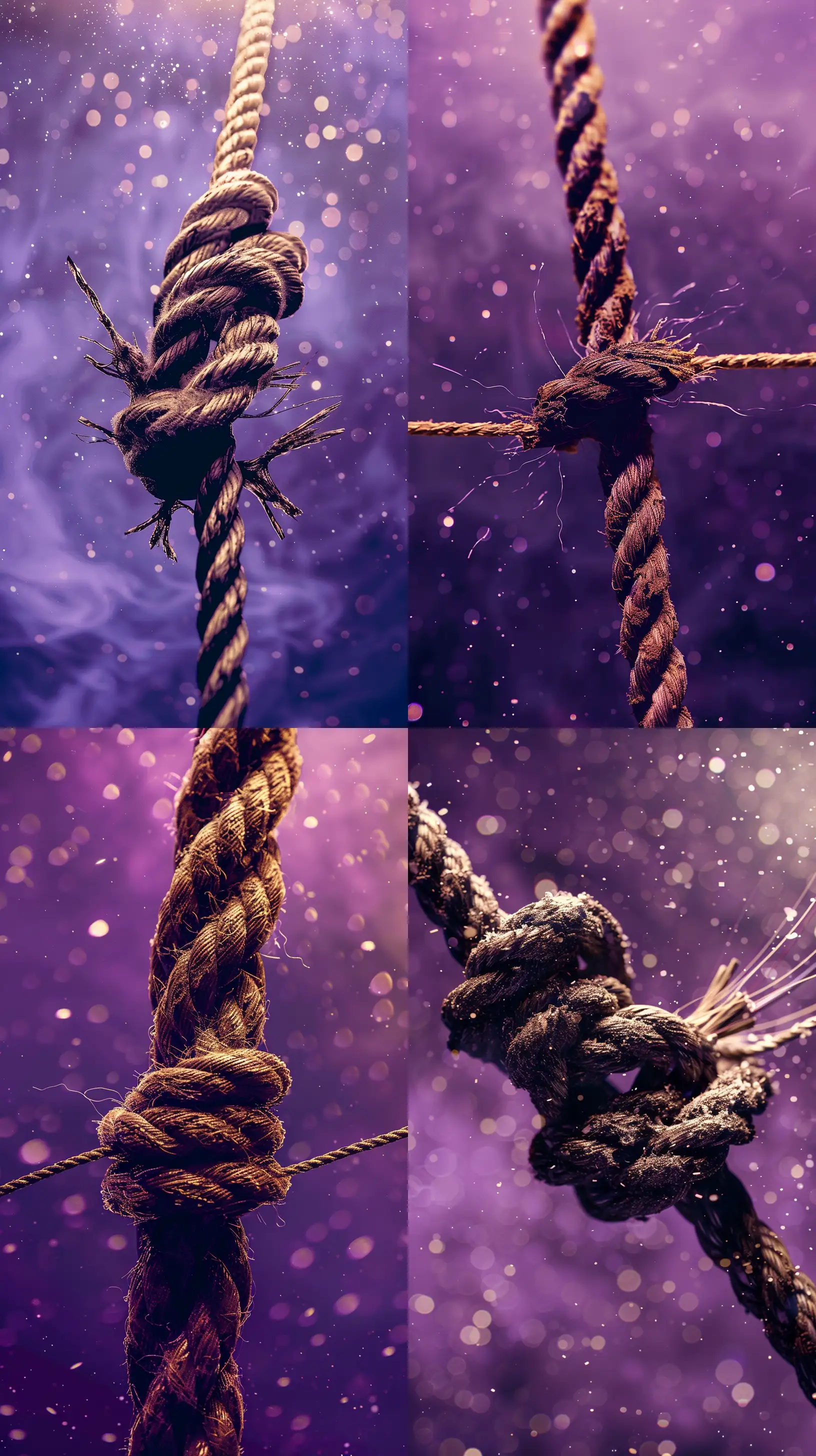 an ultra-realistic image of a thick rope about to break, only held by one strand, close up, purple background with light effects, studio photo, the photo is taken with a Hasselblad --ar 9:16