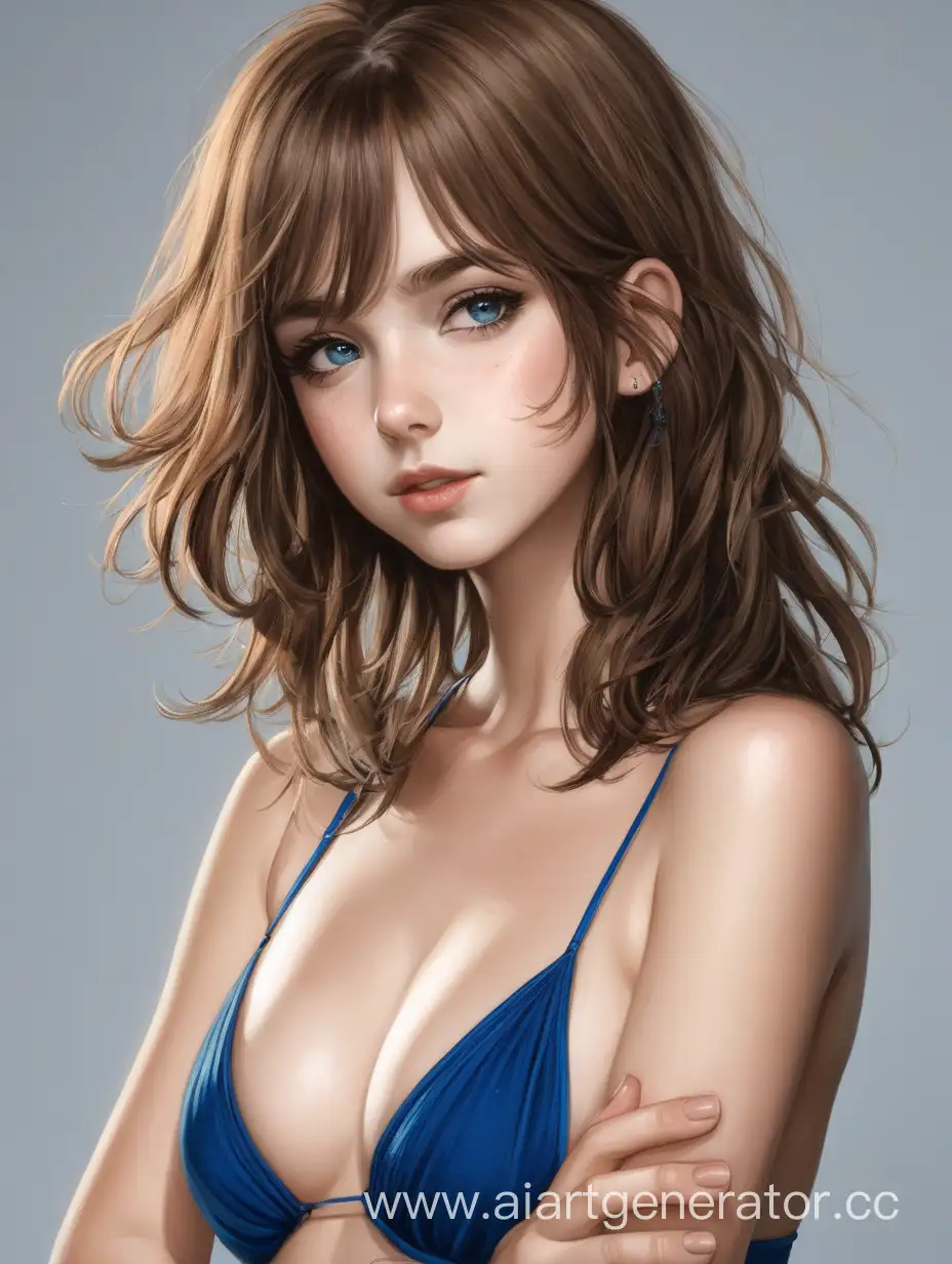 девушка в голубом декальте с коричневыми волосами и средней размером груди