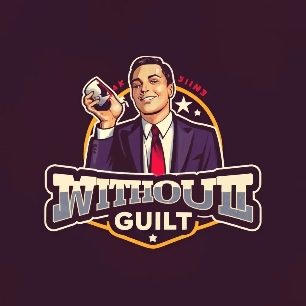 a logo design,with the text "Without Guilt", main symbol:Jordan Belfort partying with a wine can colors white rose violet red,Moderate,clear background