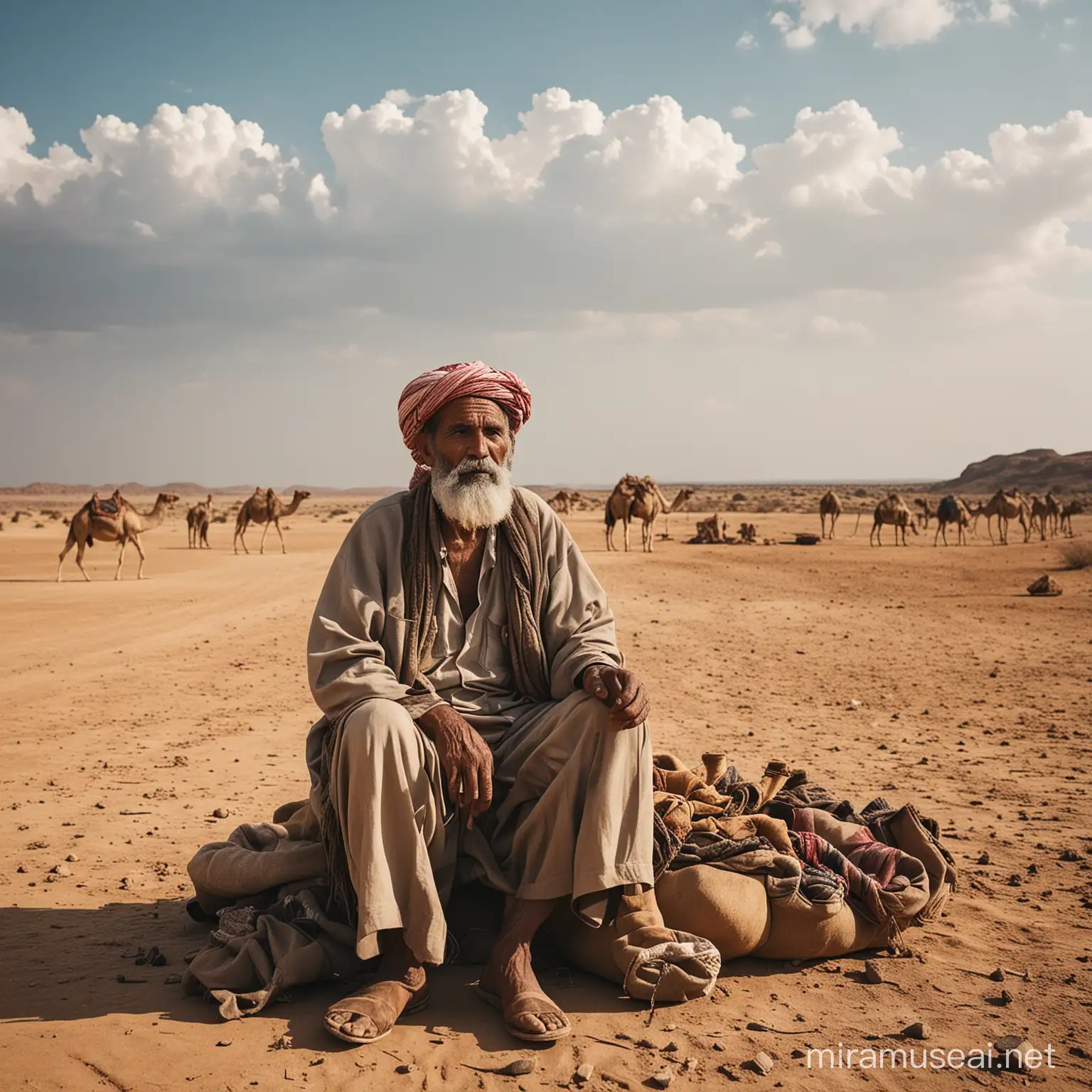 Old rabari farmer dirty clothing sitting on a wooden three s moking a sigaret  background a lot walking camels fuull body cloudy sky fuji  t3