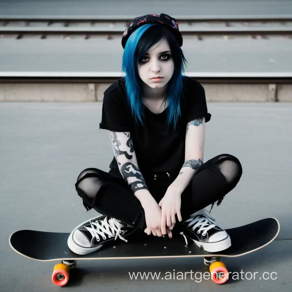 Emo girl sitting on the platform, holding skate board 