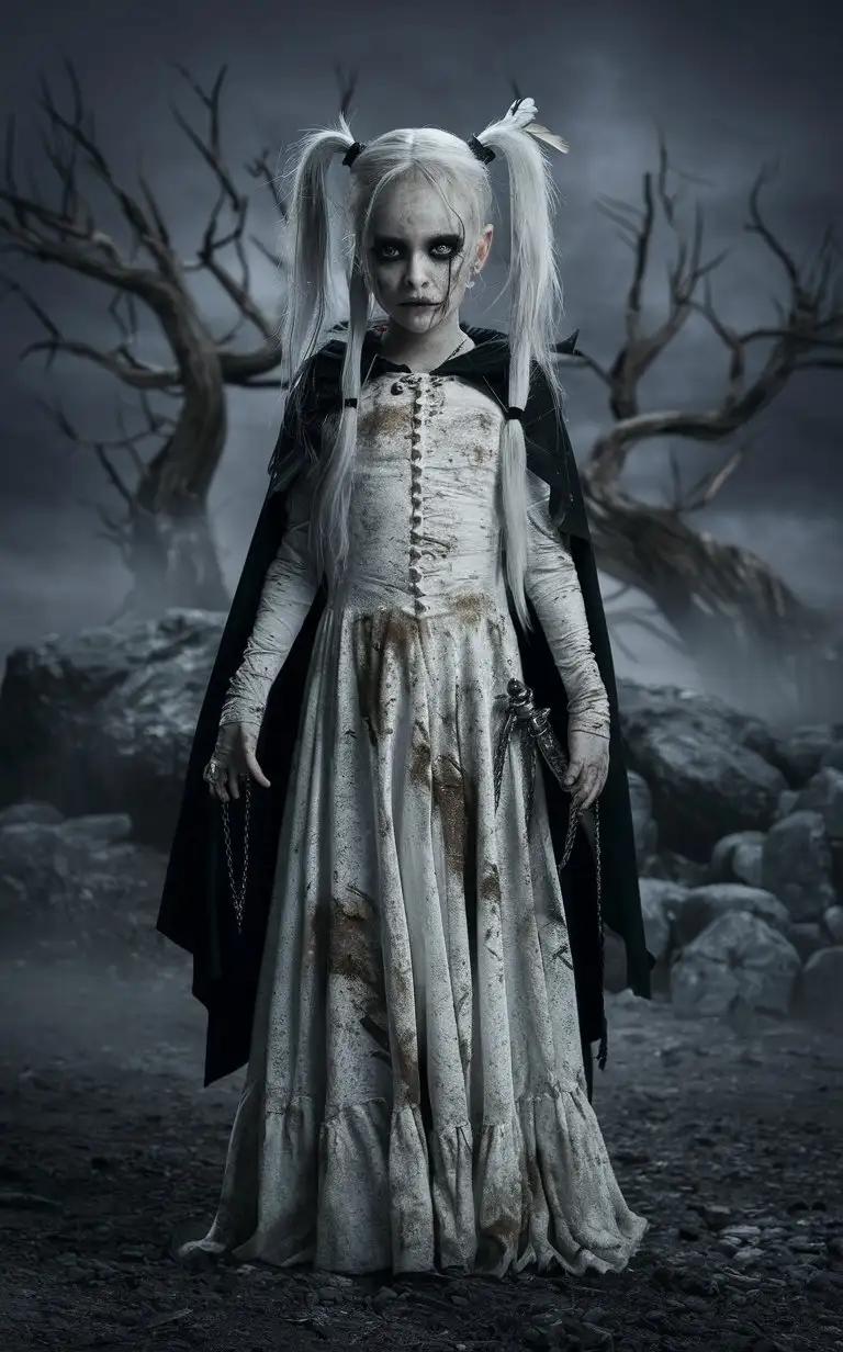 Young girl spooky thin skinny goth skinny hips. wearing a ripped up dress, dirty, stained, white full length dress. very long white flowing hair in a double ponytails with feathers. pale white color skin. black hooded cape. dark black running eye makeup. holding dagger with chains. red tattoos and scars. dark foggy rock and trees in the background