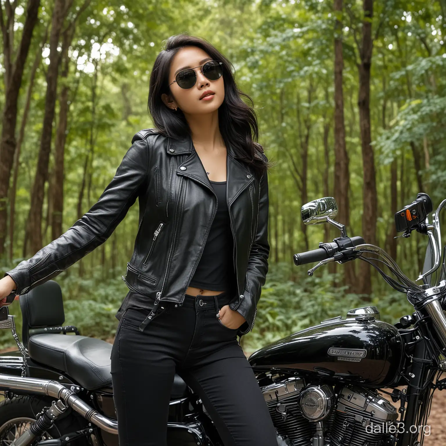 Cewek cantik asia rambut tergerai terlihat kaca mata hitam diatas rambutnya, memakai jaket kulit hitam kaos hitam dan jeans hitam,sedang berpose di samping motor harley davidson warna hitam,di hutan sejuk yang hijau rindang pepohonan