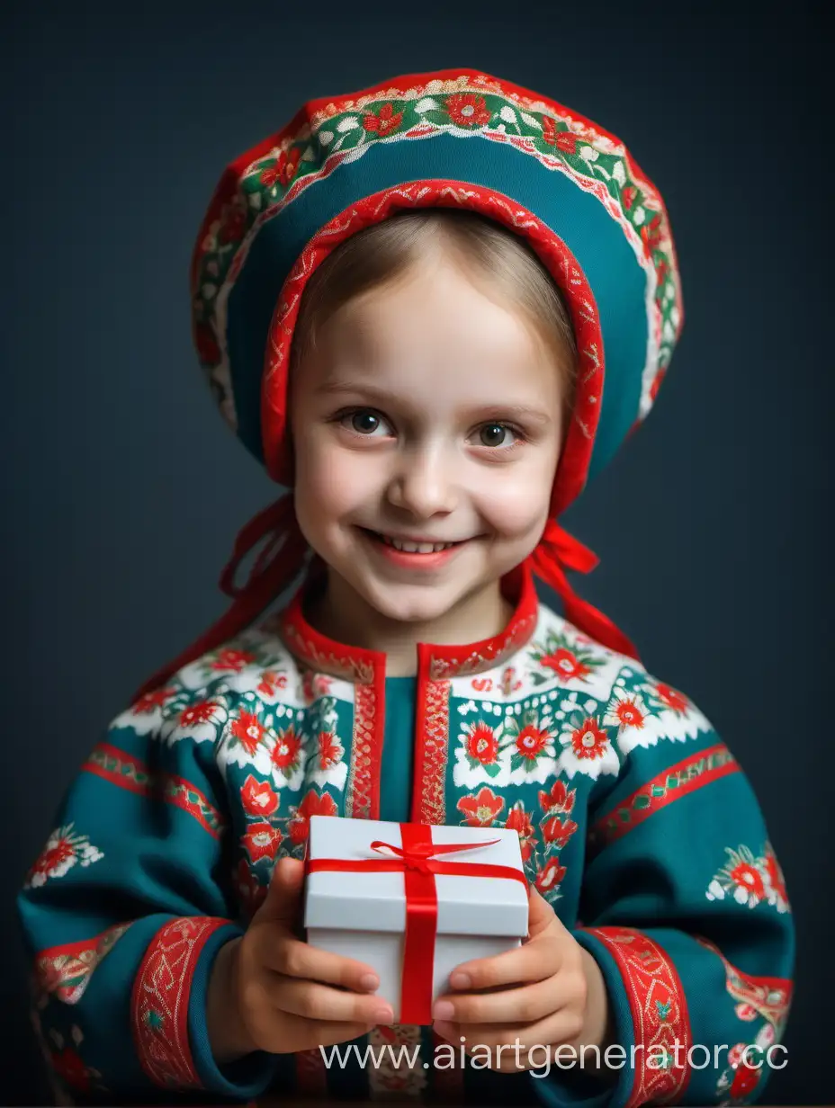 a smiling little beautiful Belarussian girl dressed in traditional Russian cover on head and outfit is looking at the tiny box in her hands with admiration