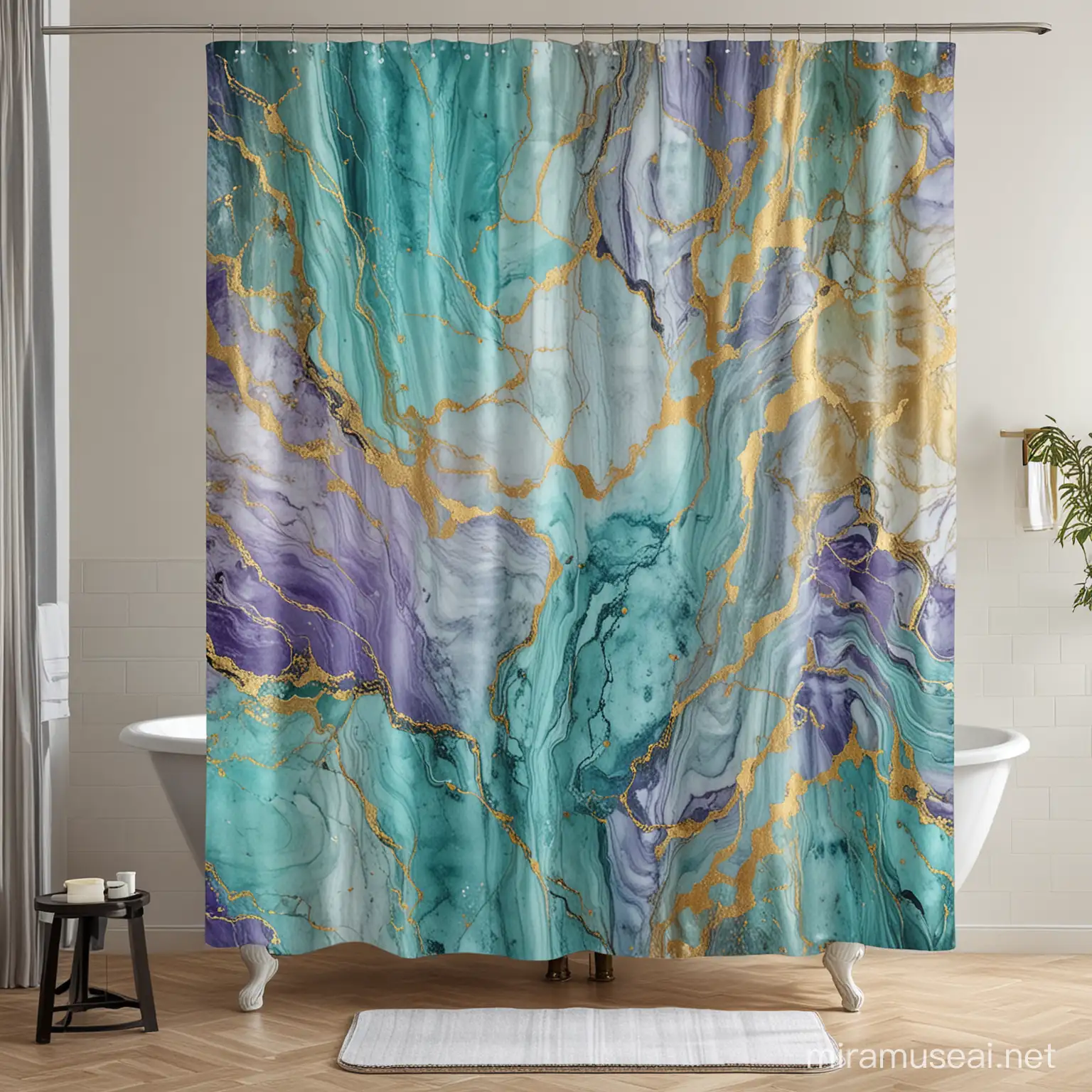 Colorful Textured Marble Shower Curtain in Blue Green Purple and Gold
