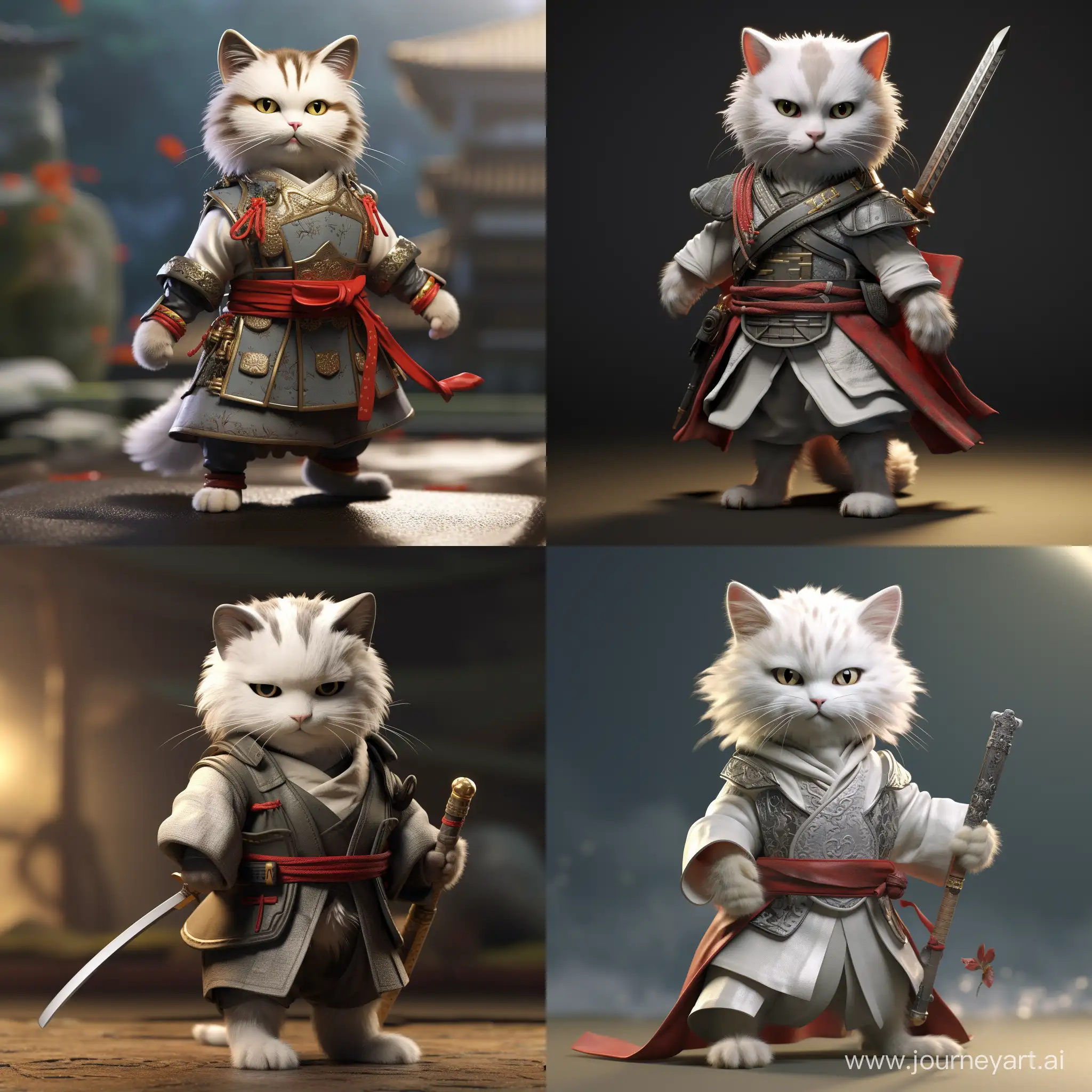 a 3D realistic character of a cat who can stand like a human with his two hind legs, while his two front legs function like hands, he wears samurai clothes and holds a sword with his two front legs. 