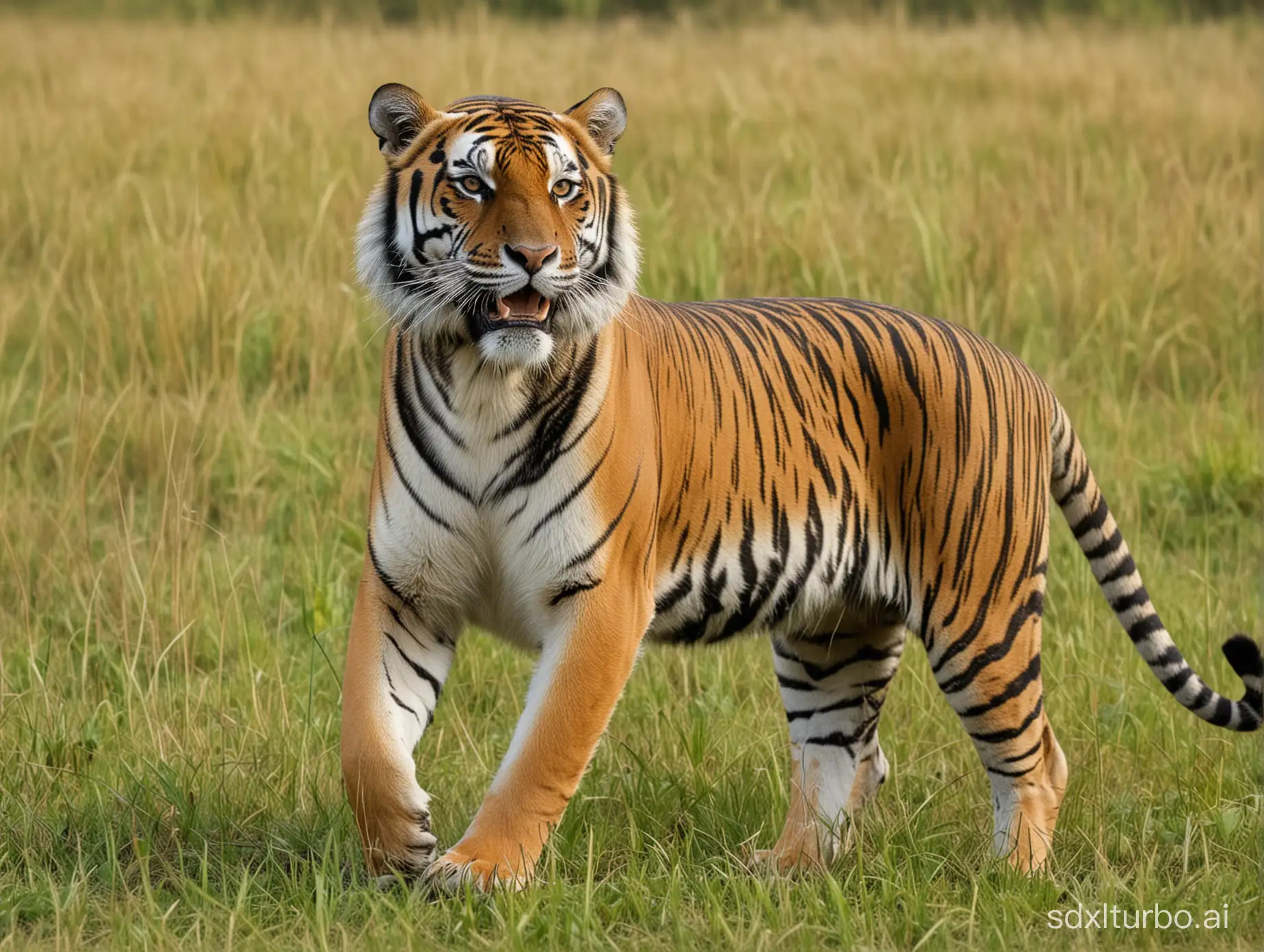 The Roaring Royal Bengal Tiger in a grassland,