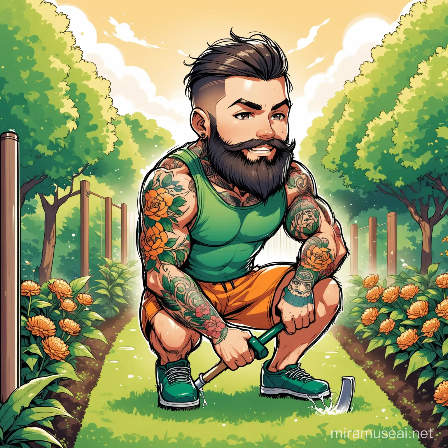 a caricature of a young man with tattoos and a beard doing physical work in the garden
