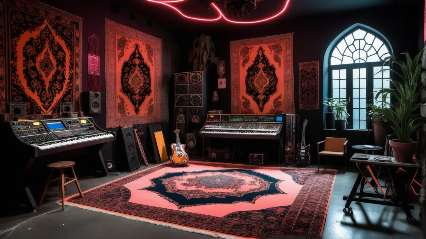 imagine a 1971 music and dj studio with small pet dragons but a gothic aesthetic, with persian rugs, concrete and soft neon lights
