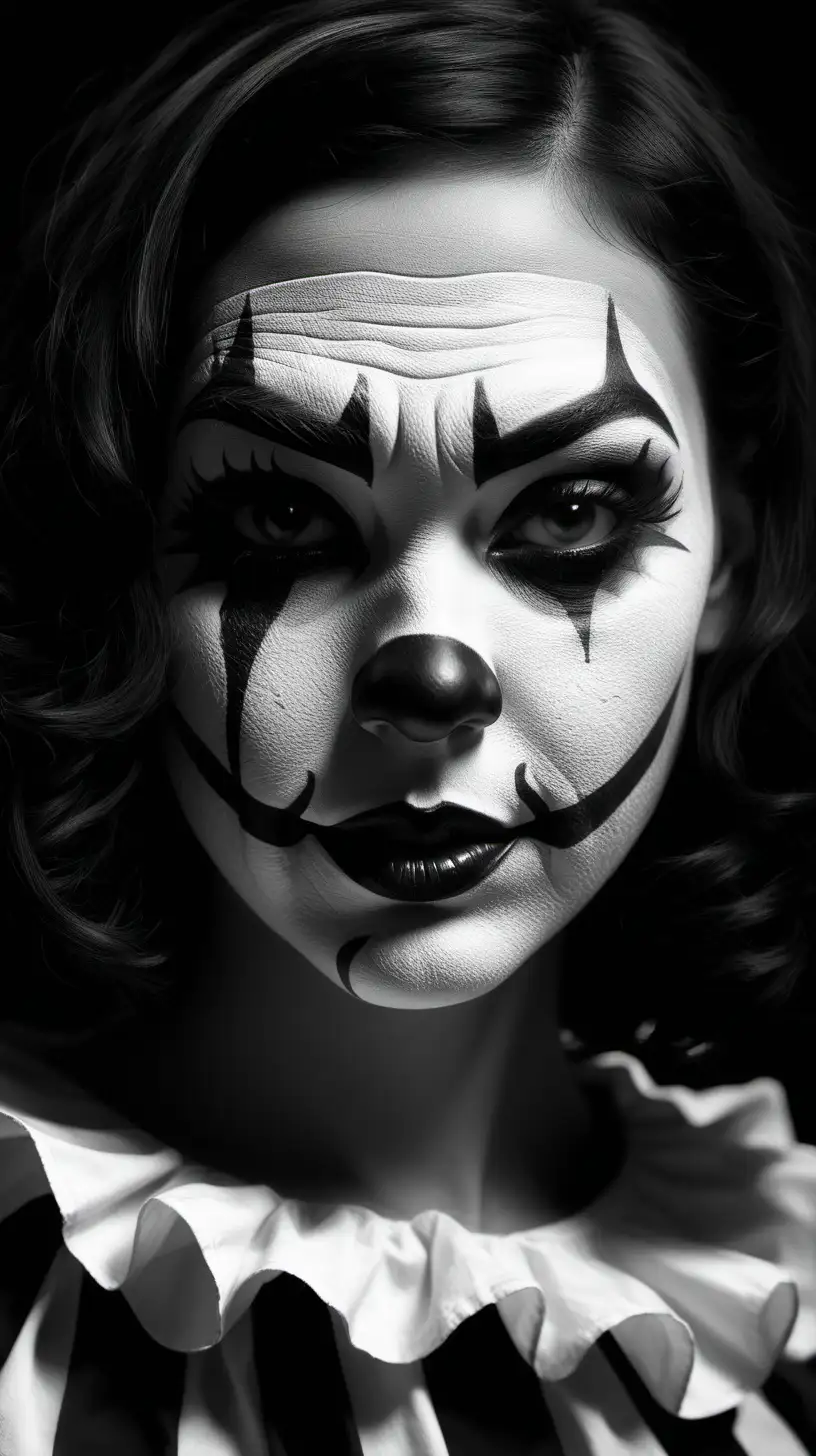 Produce a realistic portrayal of a woman's face with clown thief makeup in black and white. The woman's face should be turned 10% to the side, and her black hair should cascade over the face, following a gangster-style aesthetic. Capture the essence of the clown makeup and the mysterious allure of the overall image.
