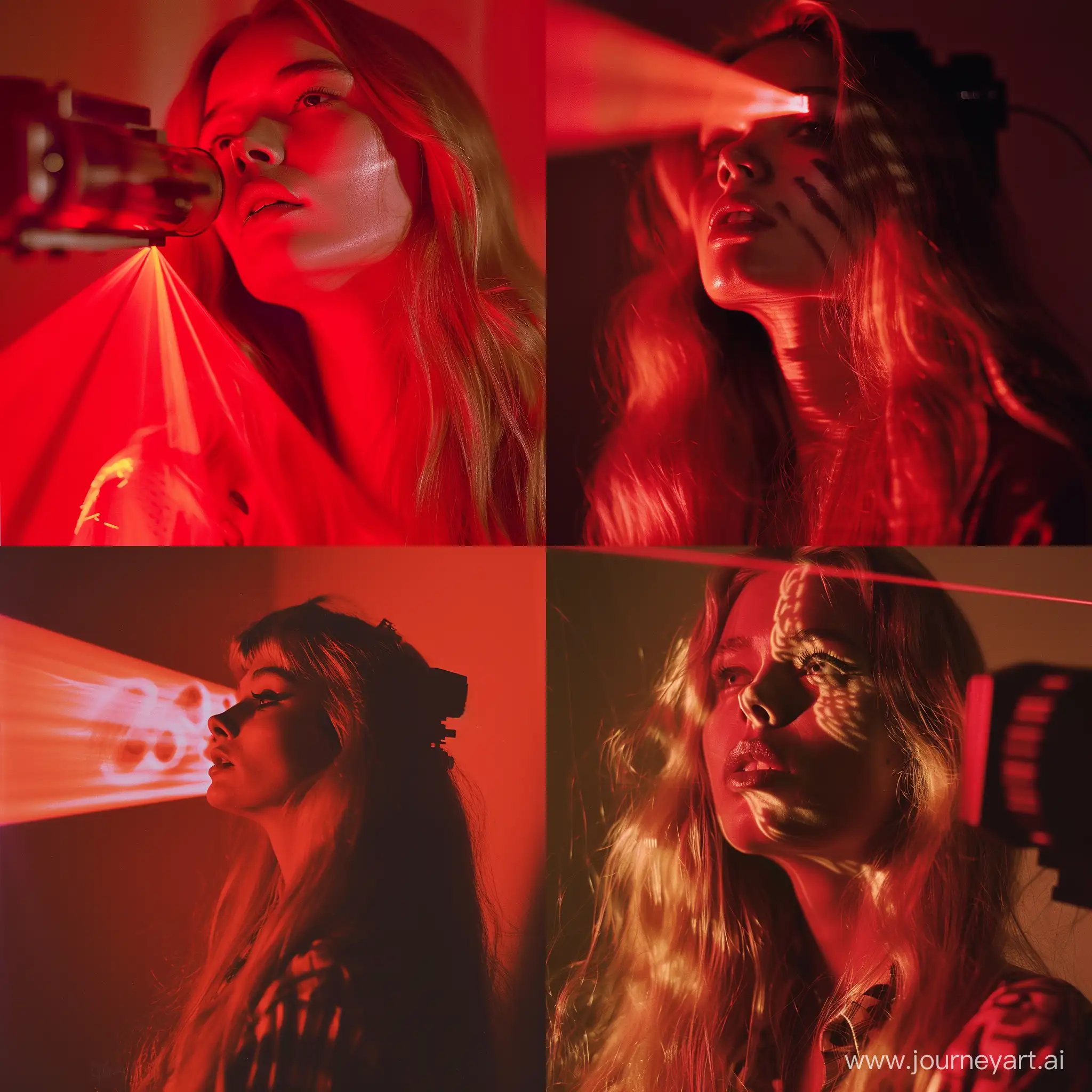 Audrey-Hepburn-Portraying-Madonna-with-Long-Blonde-Hair-Under-Neon-Red-Projector-Light