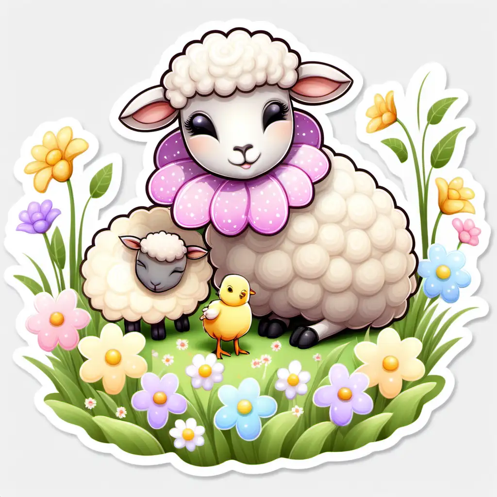 fairytale,whimsical,cartoon,easter ,baby sheep with chick,sleeping in a flower bed,spring flowers,
pastel, white background, sticker image