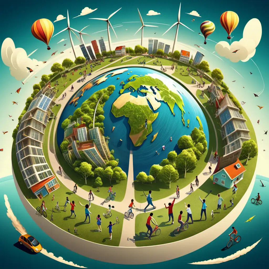 create illustration of teenagers standing on a very perfect circle that is planet earth, show sustainable activity, planting trees, two people riding a bike, walking, running, playing, building houses, show suggestions of towns and infrastructure, show five wind turbines, somebody flying a kite