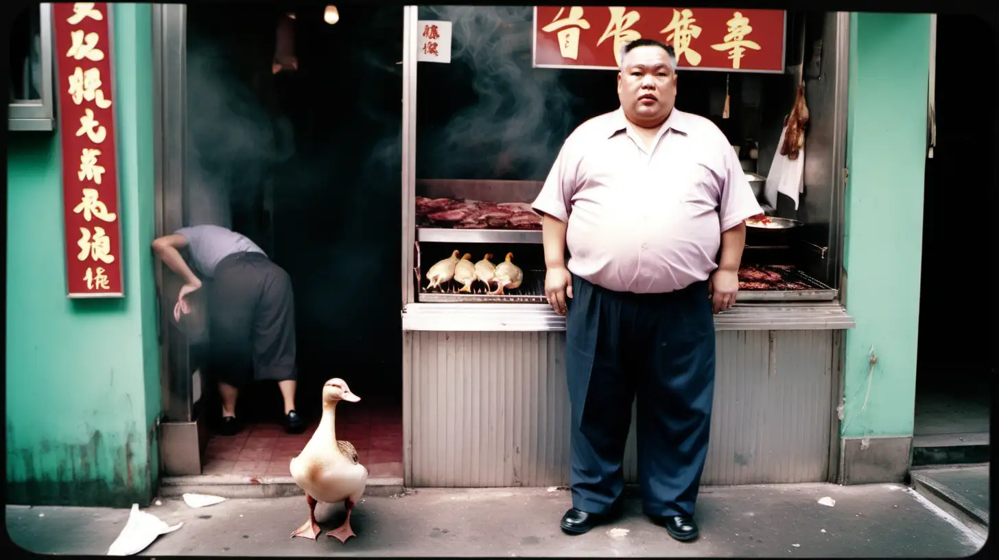 Lomo photo  of an old overweight Hong Kong butcher.  holding a dead duck  by the tail outside a Chinese bbq restaurant. The man is on the left of the shot. There is a window displaying hanging bbq on the right hand side of the photo.