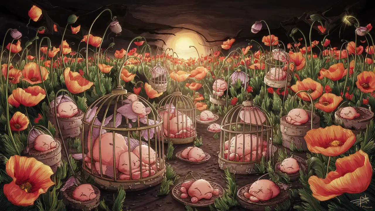 A lot of fat, but cute little fairies in cages on a bright and colorful poppy field, sleepy poppies and fairies, sundown, dark vibe, ink art with line art 