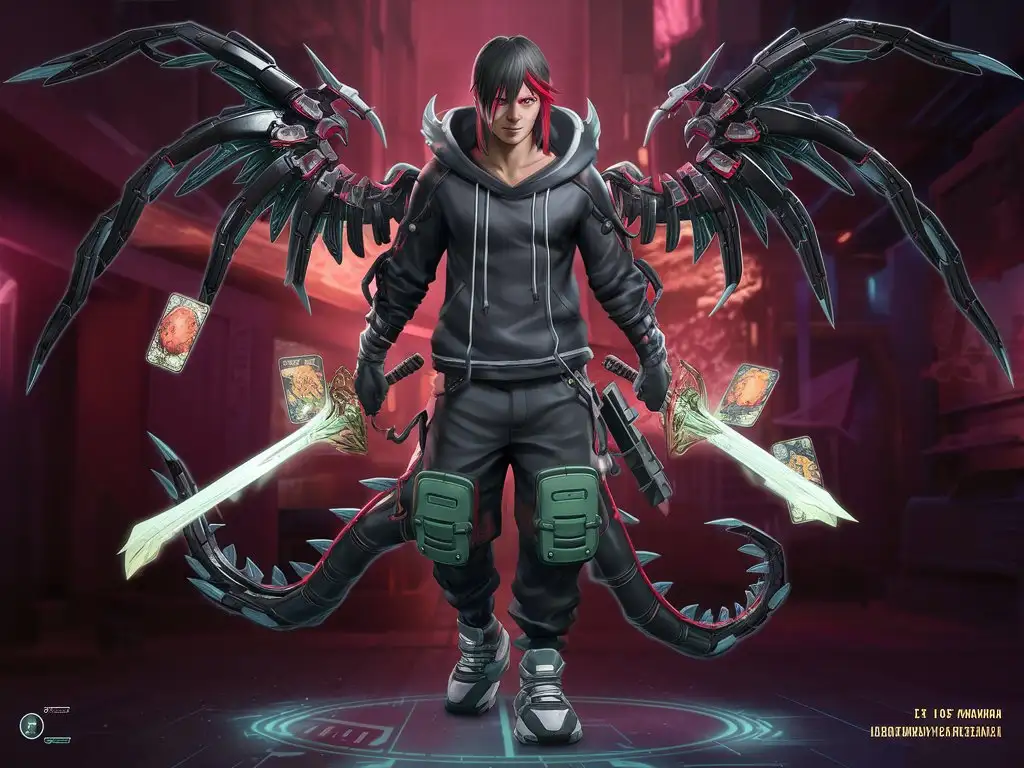 East Asian Teenage Cyberpunk AntiHero with Dragon Wings and Energy Sword