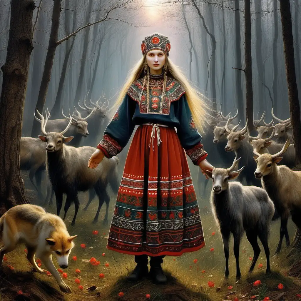 Enchanting Slavic Folklore Art with Mythical Creatures and Vibrant Colors