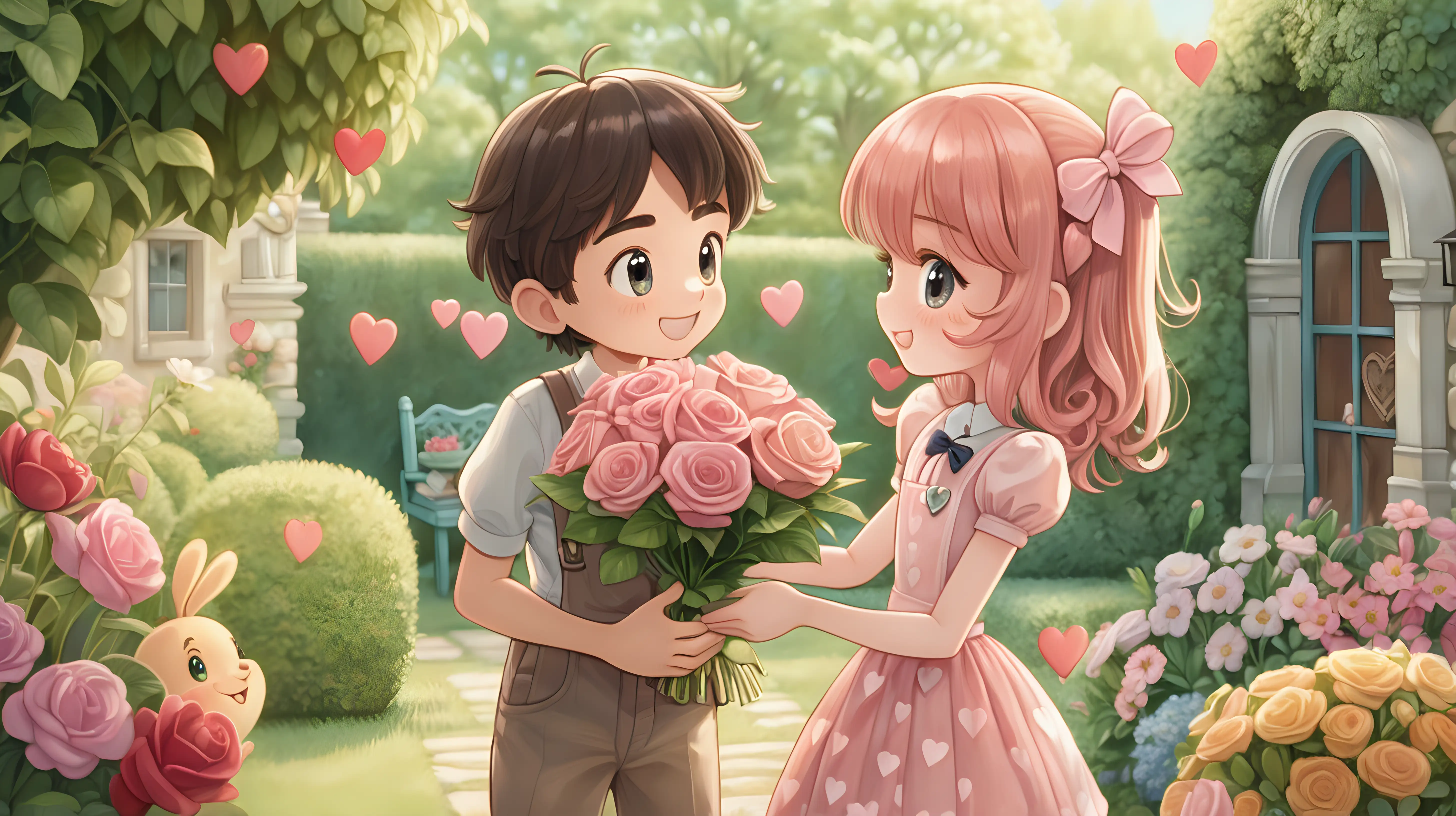 An adorable character handing a heart-shaped bouquet to a blushing girl in a charming garden.