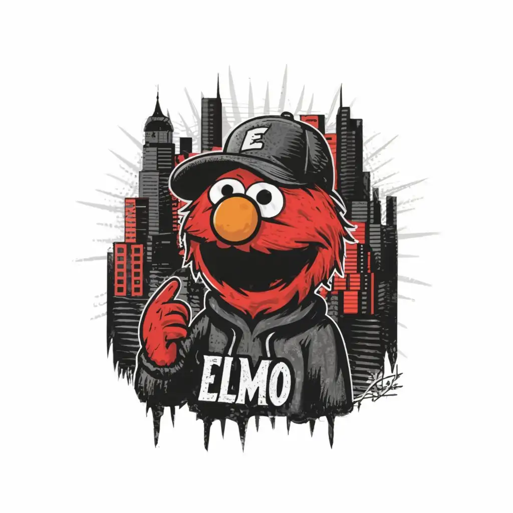 a logo design, with the text 'ELMO', main symbol: Elmo from muppets while wearing a black hoodie and a black baseball hat. All around there is a dark city. he looks like a pusher and is smoking a joint