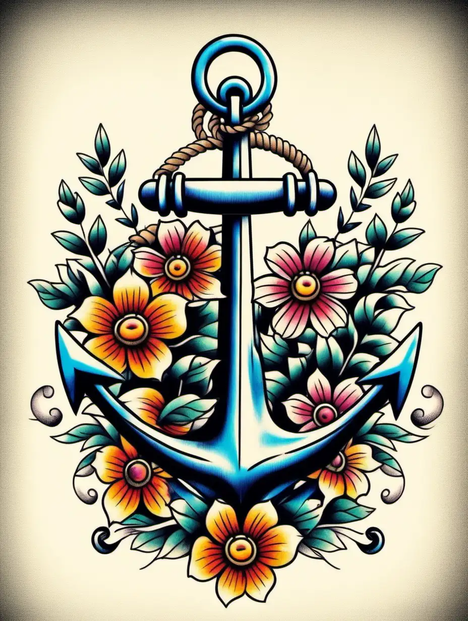 Colorful OldSchool Anchor Tattoo Design with Floral Accents on White Background
