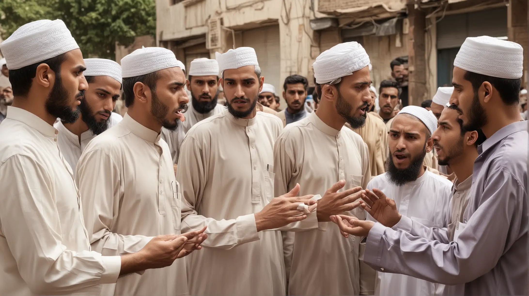 an elder Muslim man talking with group of Muslim young man, all are in intense tension
