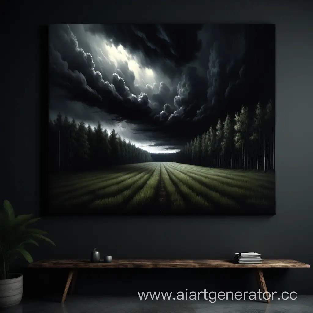 Canvas painted with dark field amidst forest in the background, dark clouds, 4K, realism