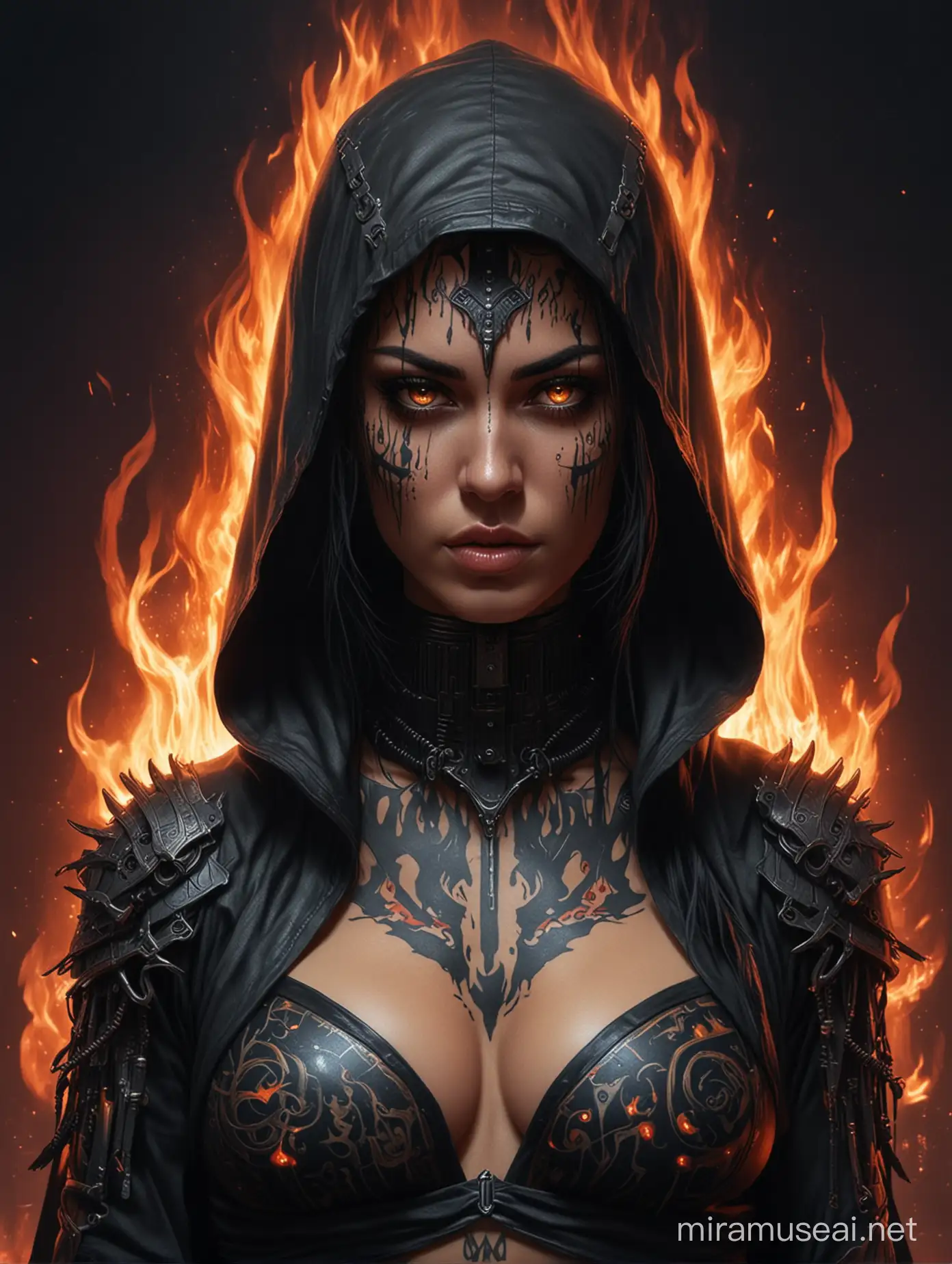 a cyberpunk woman priestess in black hood, she is full of tattoes of flames