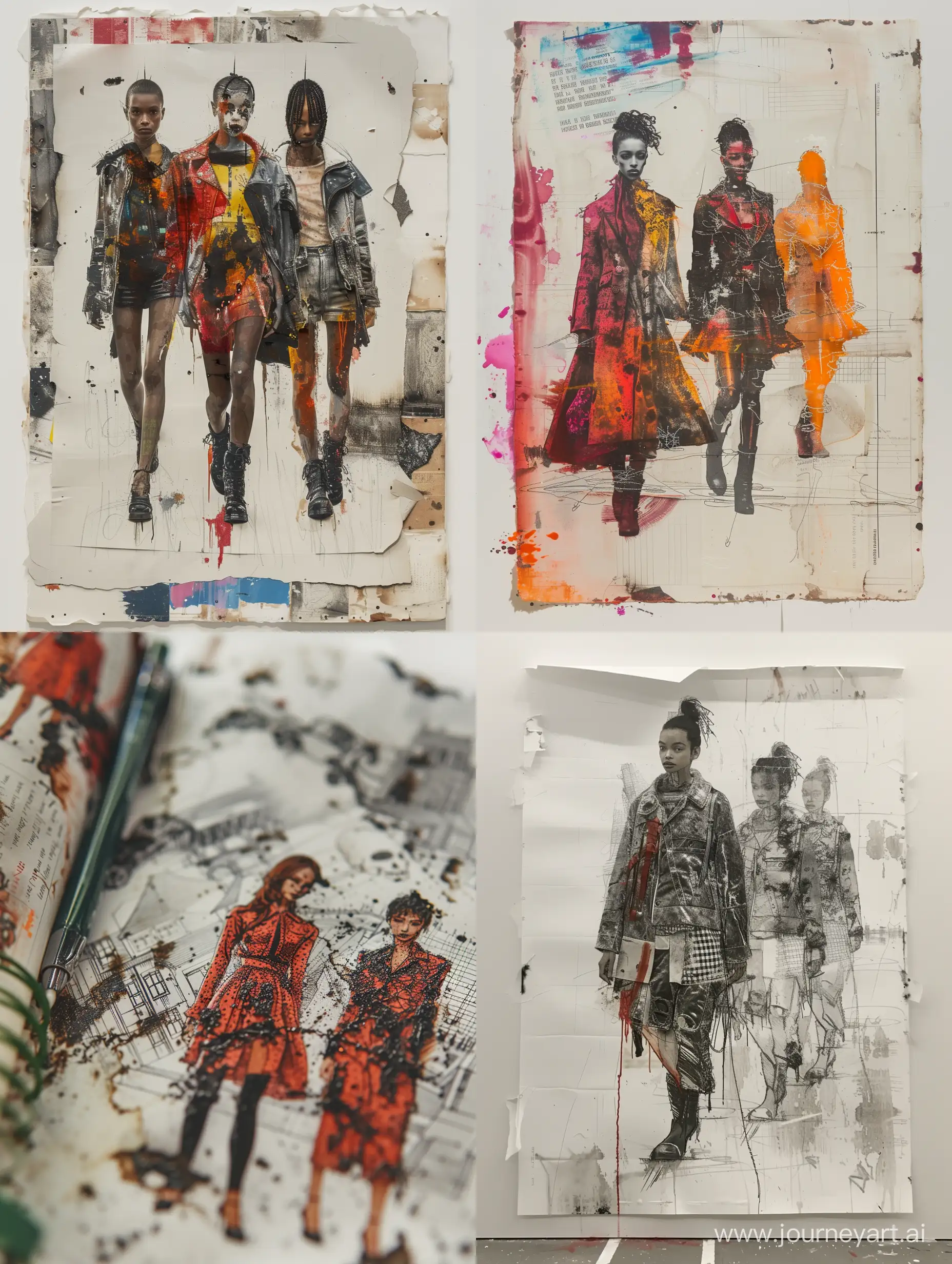 sketching paper with fashion models on it, in the style of mixed media installations, translucent layers, raw materialism, deconstructed tailoring, burned/charred, washington color school, detailed costumes --stylize 250