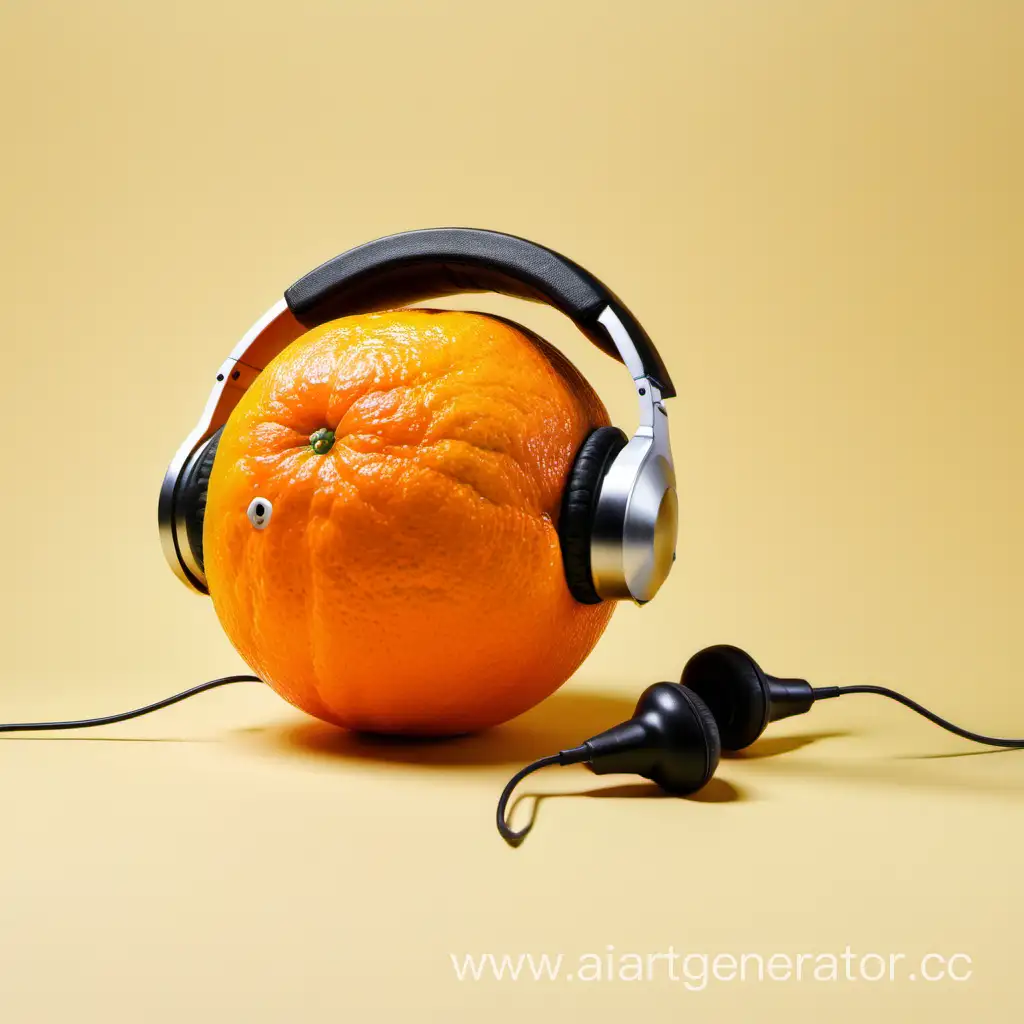 an orange with earphones