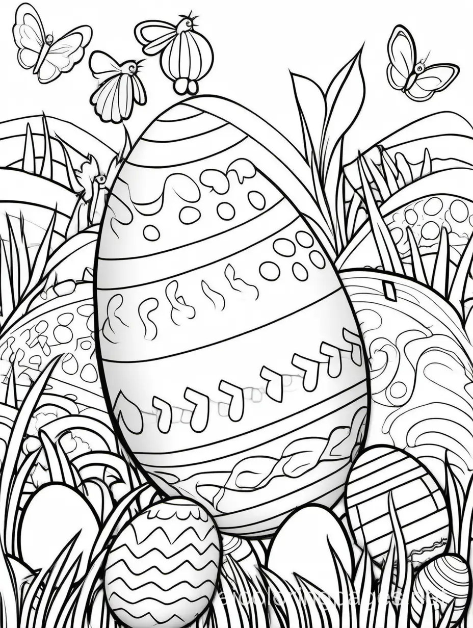 easter egg hunt, Coloring Page, black and white, line art, white background, Simplicity, Ample White Space. The background of the coloring page is plain white to make it easy for young children to color within the lines. The outlines of all the subjects are easy to distinguish, making it simple for kids to color without too much difficulty