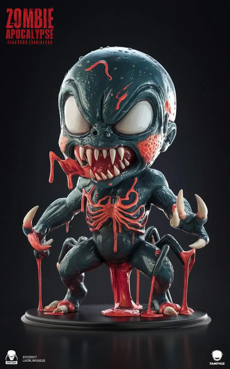 "Create a highly detailed 3D cartoon Zombie Apocalypse character portrait render of a full-body uhd Venomous Crawler Figurine. Standing at 3.5 inches tall, the figurine skitters across the ground with arachnid-like agility, its menacing form crafted from sleek metal alloy. Its dripping, oozing sores and menacing pose evoke fear and revulsion, while hand-painted accents highlight its toxic slime and sharp fangs. Rendered in breathtaking 8k16k anime style with intricate detailing and glossy lines, this Venomous Crawler Figurine is a chilling reminder of the horrors of the undead."
