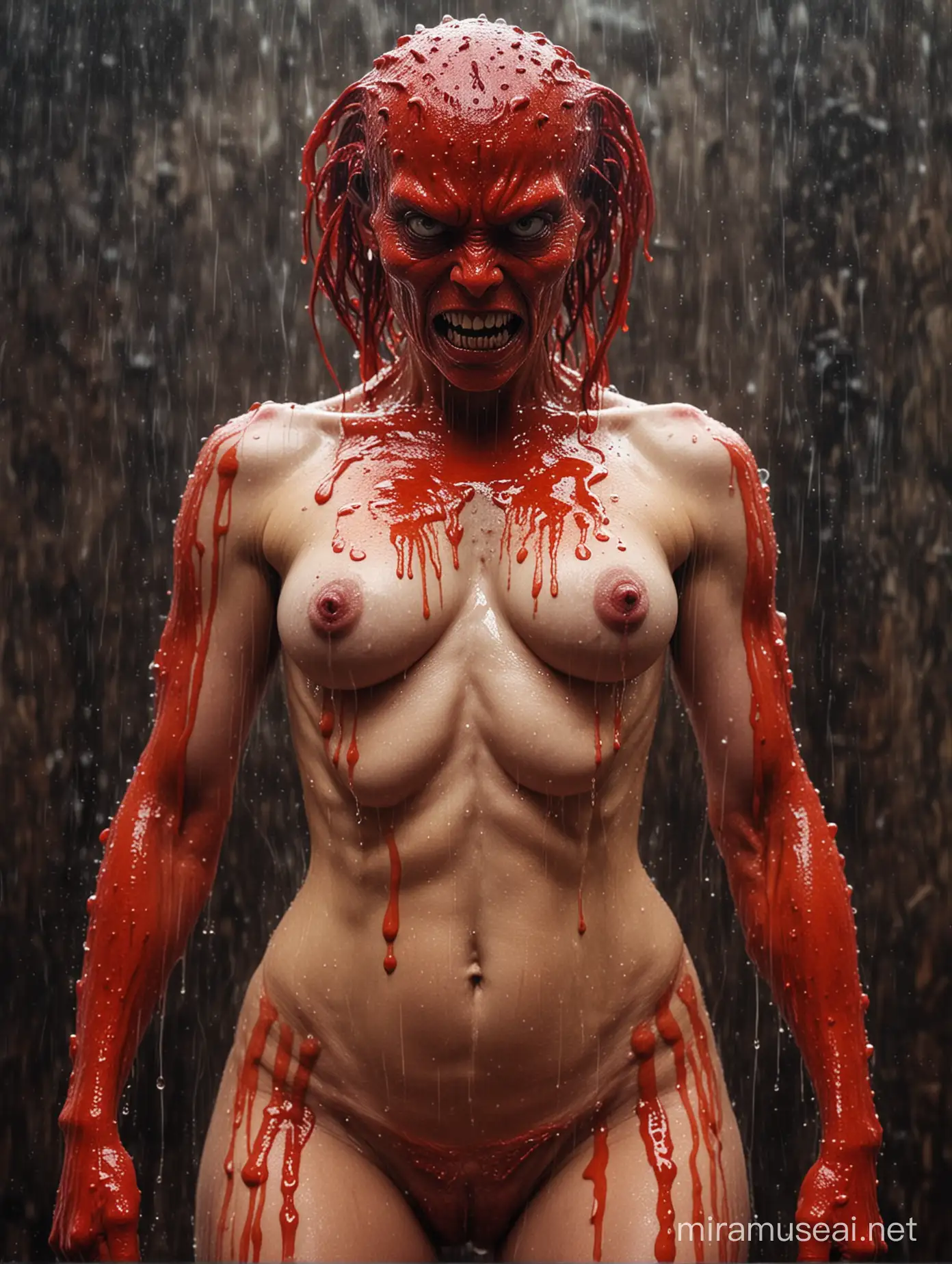 realistic photo. female nude voluptuos Monster. wet. oil. Red. 