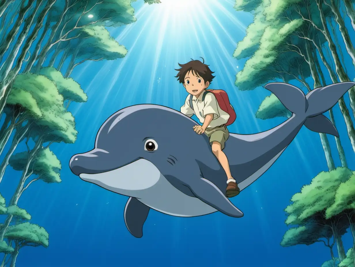studio ghibli, boy riding dolphin in air, facing camera, forest