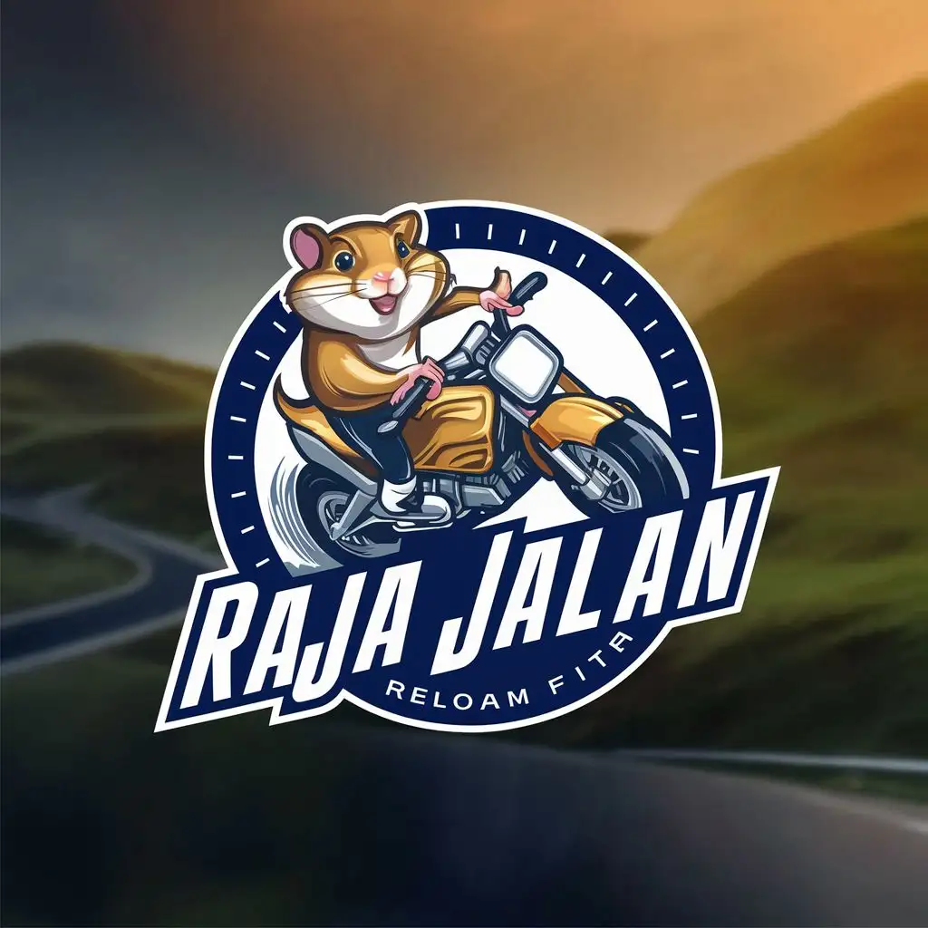 logo, Create a logo with a hamster ride on moped motorcycle while cornering and name logo is Raja Jalan. The logo must circle on rims, with the text "Raja Jalan", typography, be used in Sports Fitness industry