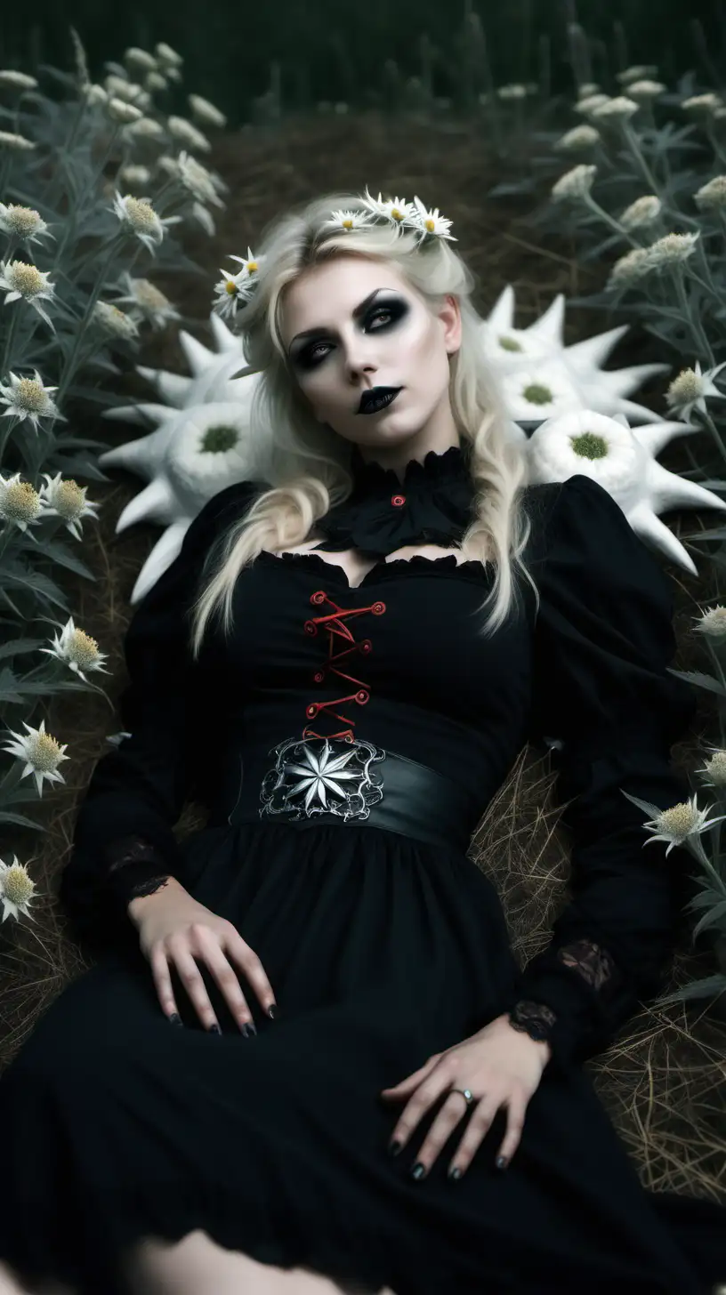 Blonde Bavarian Woman Amidst Edelweiss Field Dark Gothic Evil with Wolves