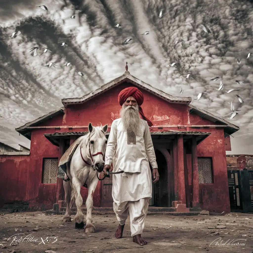  80 old years rabari man white beard red turban white clothing  is walking white white horse before old red building full wide body cloudy sky with birds fotorealistisch detailted fuji xt3