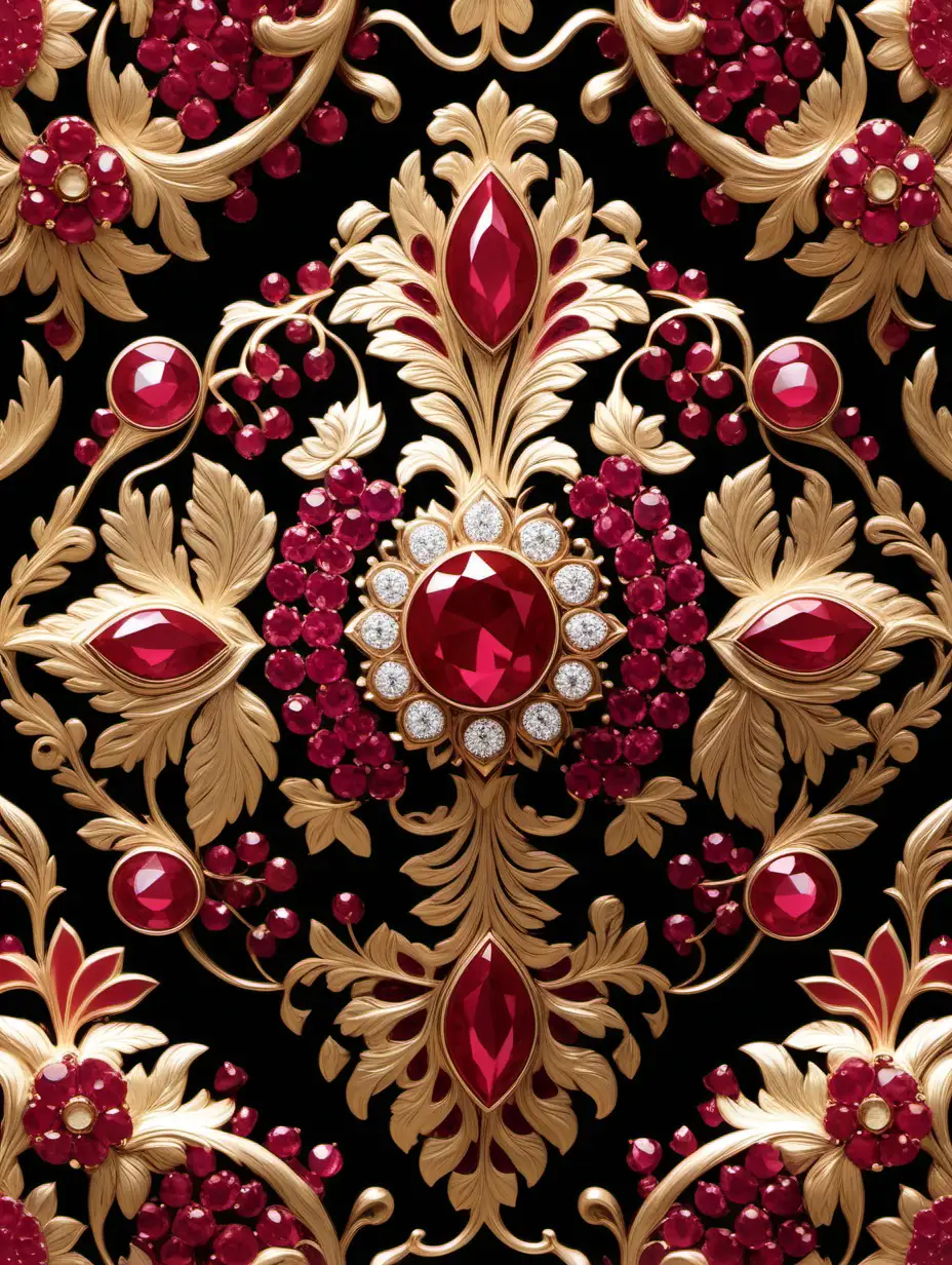 Develop a passionate and vibrant pattern inspired by rubies, using bold red tones and floral motifs. Integrate intricate details to reflect the fiery and captivating nature of rubies.