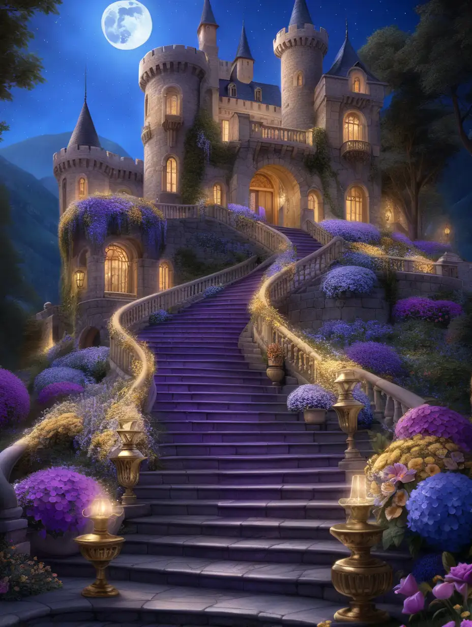 there is a moonlit sweeping staircase off the side of the patio.  everything is dripping in flowers and gold. the flowers are purple and blue. the stairs and patio are neutral. it's a castle

