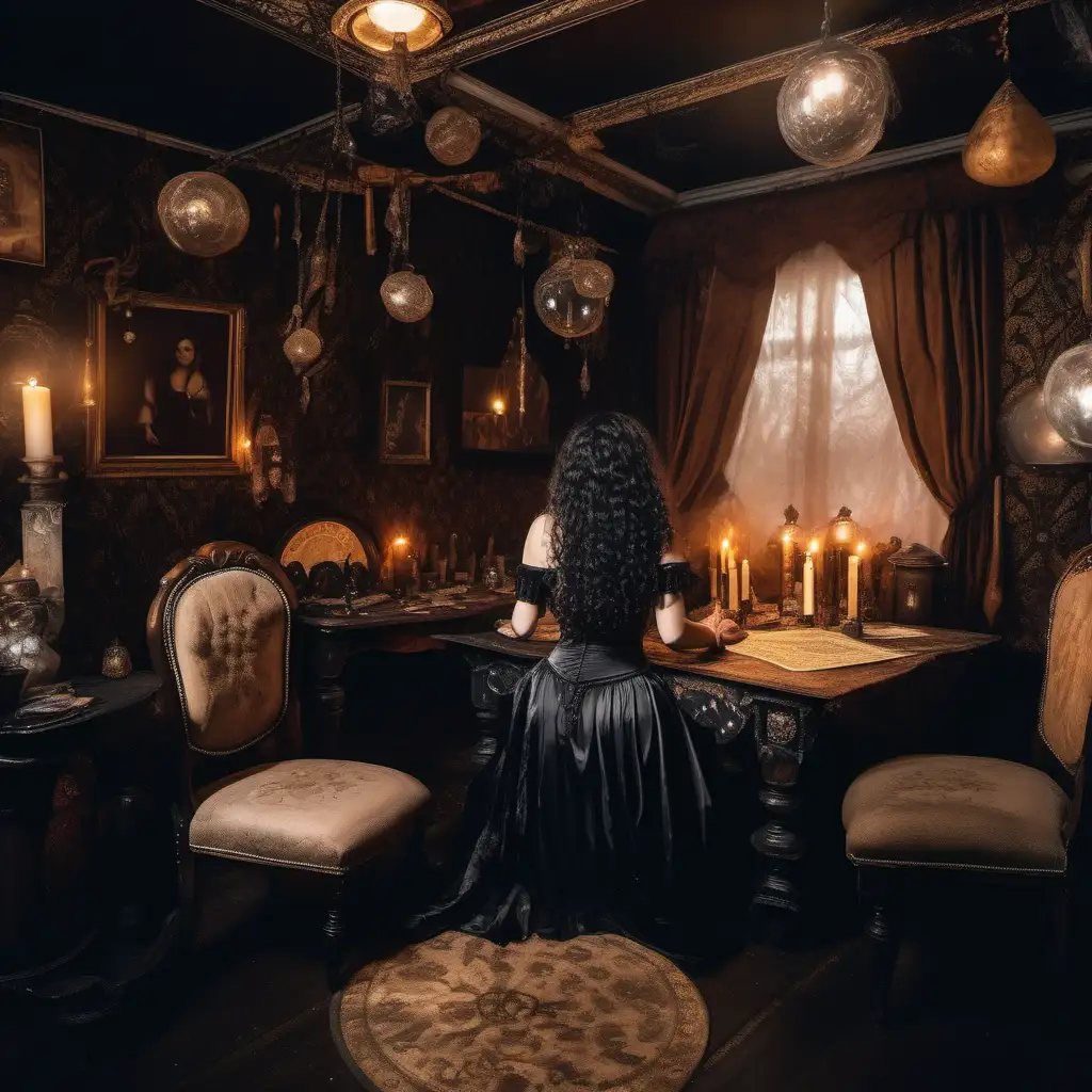 
looking at the back of a victorian era gypsy clairvoyant lady, she has long dark curly hair, she is wearing a beautiful black satin long dress  . She is  sitting facing away , she has small tarot cards on the table & a crystal ball 