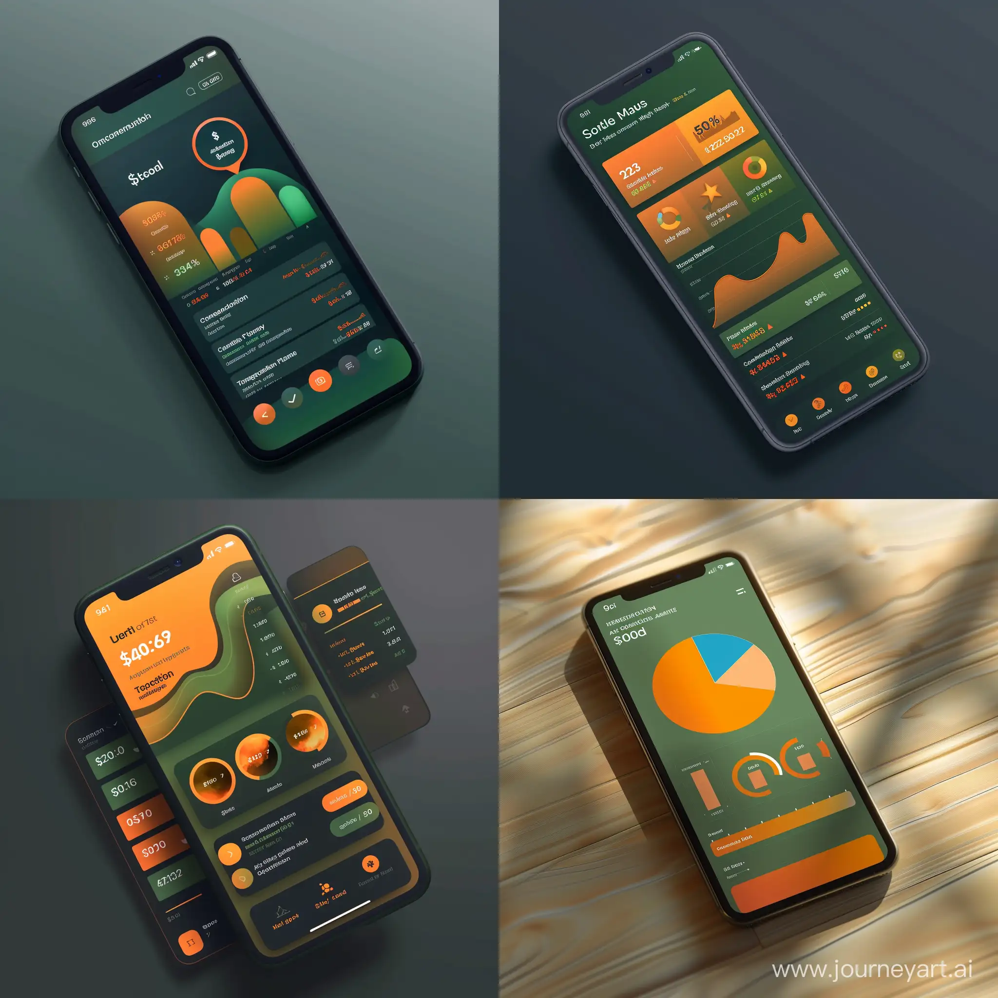 Money component modern ios app with main colors of matte green and orange

