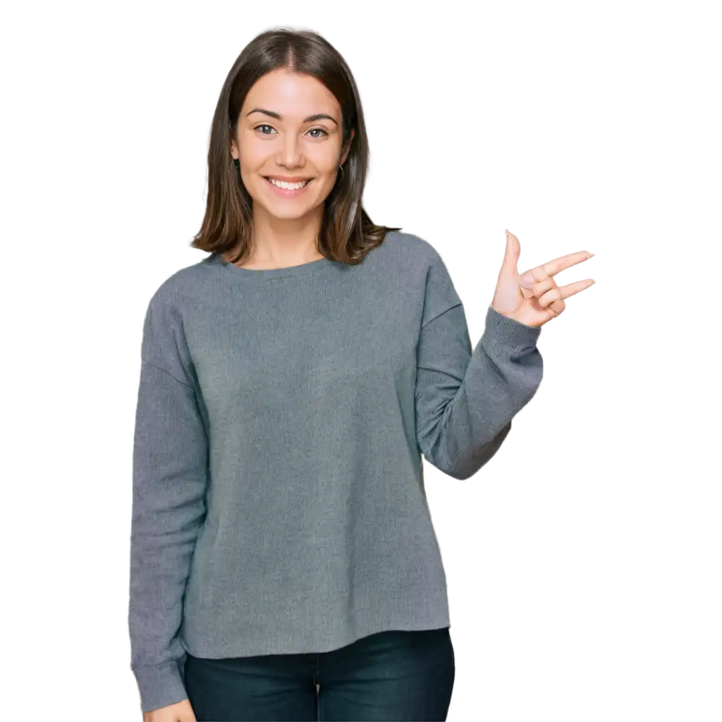 Picture of a young beautiful confident girl in her 30s with brown hair below her shoulders, pointing with her hands to her right side