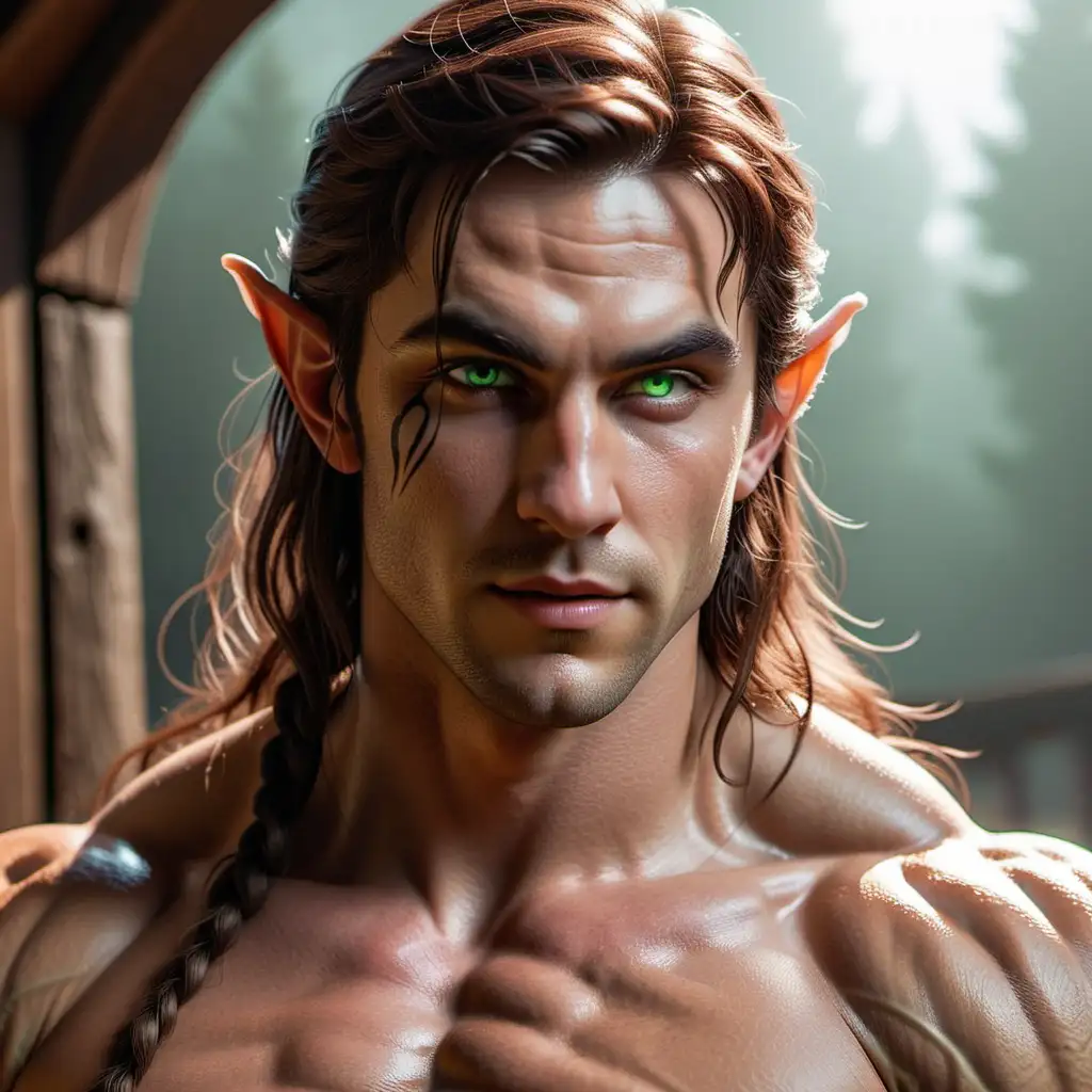 fantasy male elf, hot, rugged, very muscular, pale green eyes, scar running through left eye and brow, long chestnut brown hair, small upper and lower fangs, sexy

