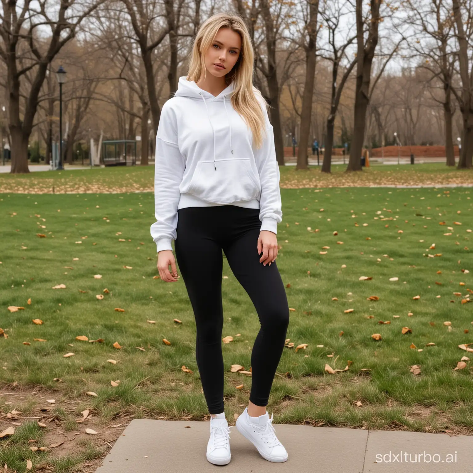 Girl stands in an epic pose with her legs shoulder-width apart, torso slightly turned to the left, 17, athletic, regular white hoodie, blonde, deep neckline, black tight leggings, white high top sneakers, white socks, many details, style raw, long  strong thick legs, outside in a park, high angle, 32k, realistic photograph.