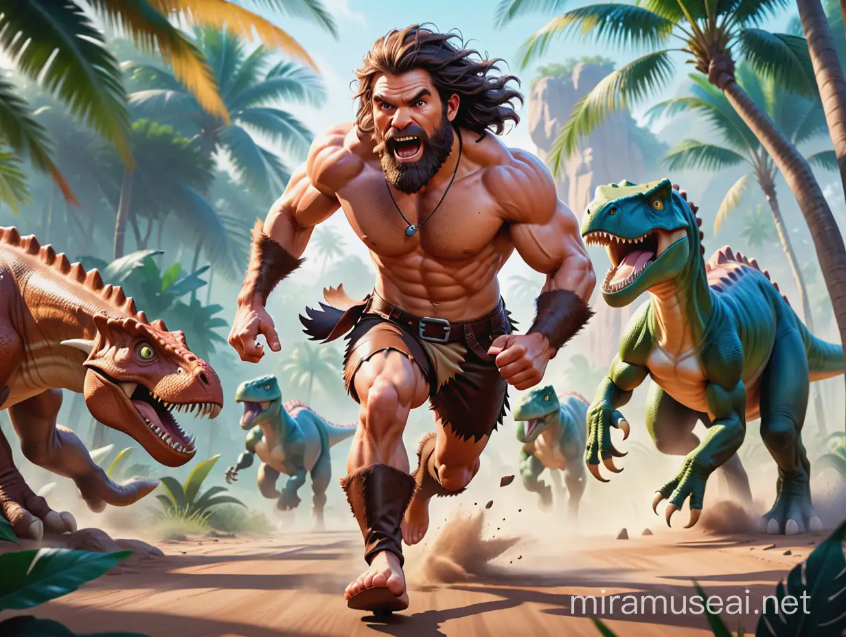 video game art, handsome caveman in leather, dynamic action style posing, he is running away from a dinosaur, bottom angle, vector art.